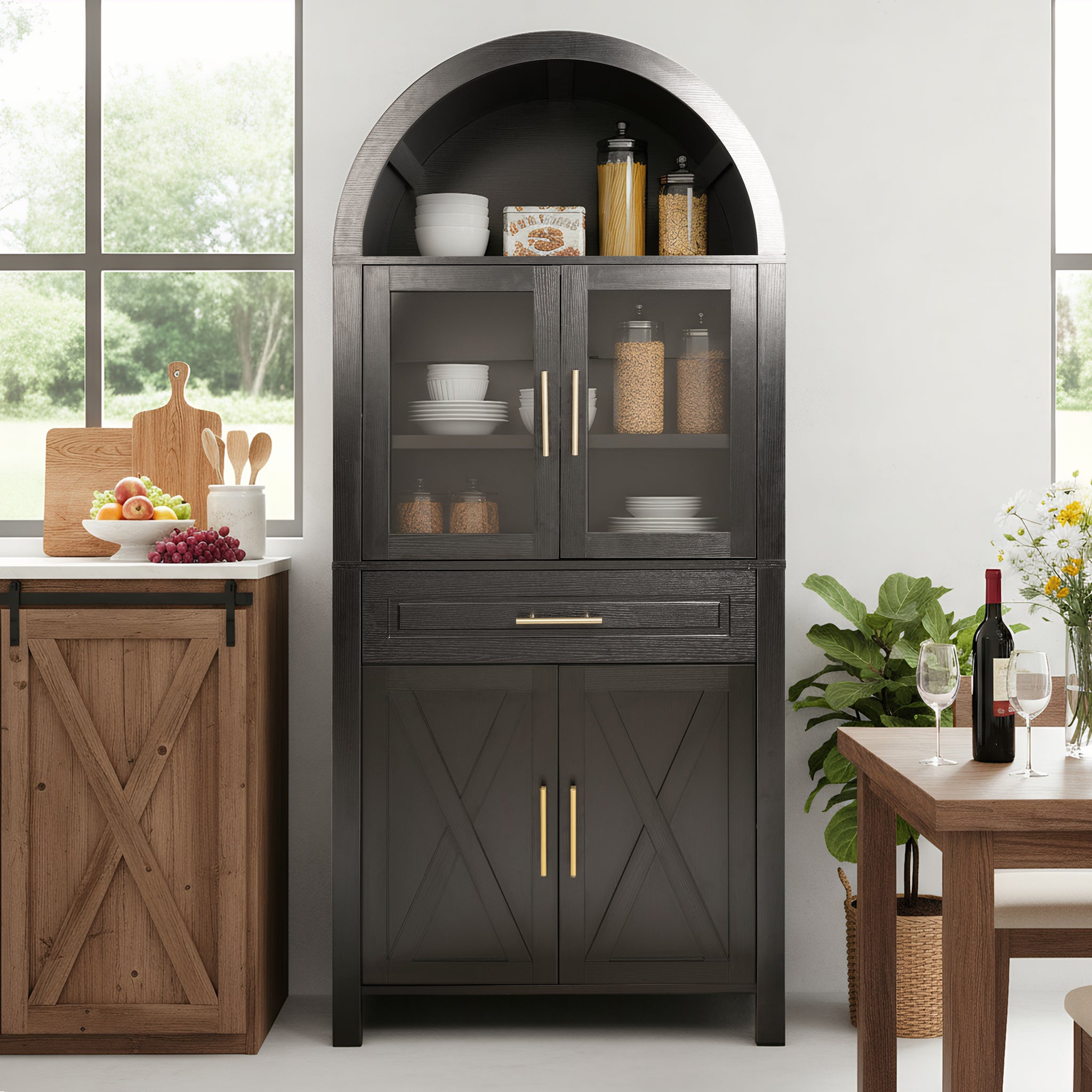 PAPROOS 71" Tall Arched Pantry Storage Cabinet with Glass Door, Farmhouse Pantry Cabinet with Built-in Racks & Adjustable Shelves, Barn Door Design Kitchen Storage for Living Room Dining Room, White