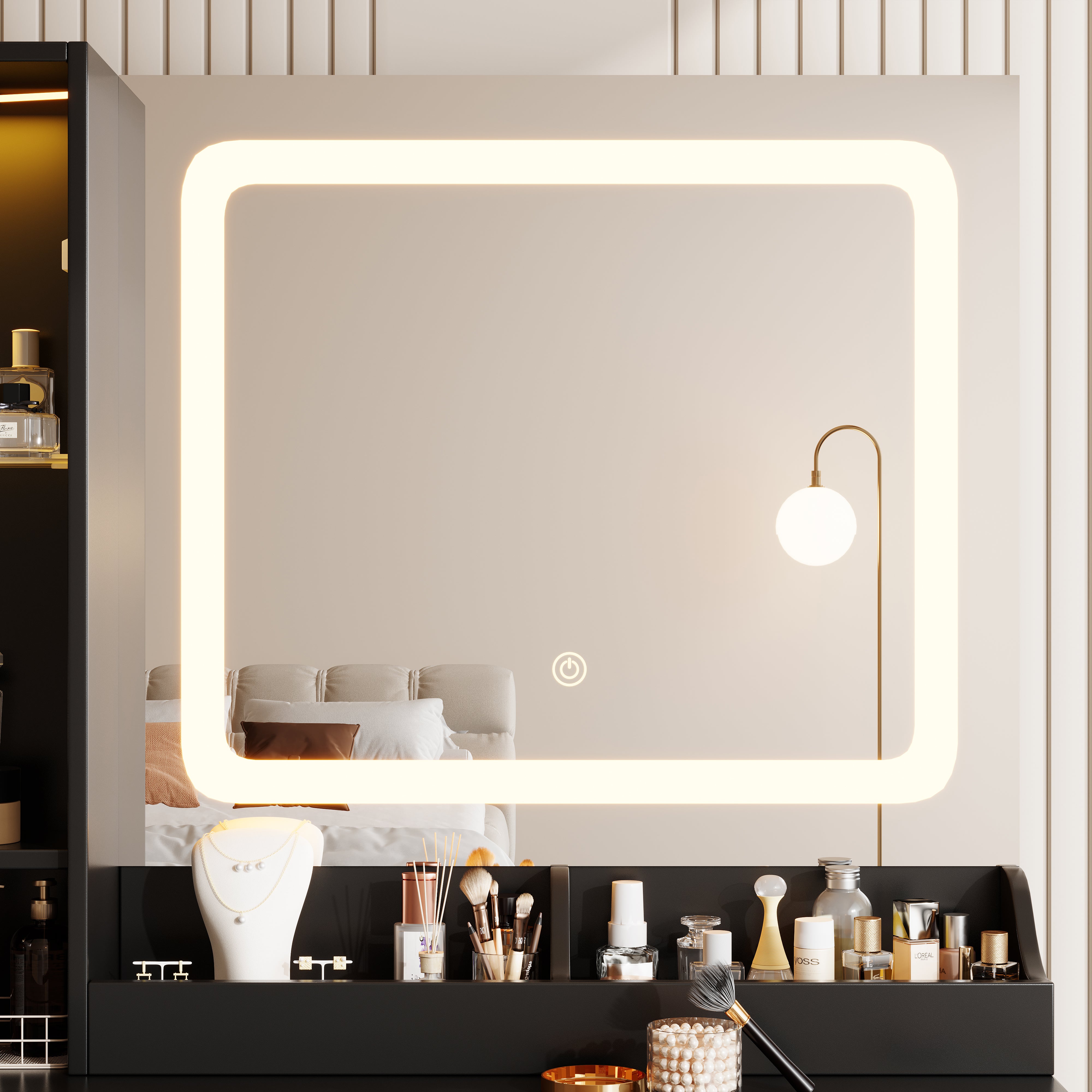PAPROOS Vanity Set with 3 Color Lighted Mirror, Modern Makeup Vanity Table with Charging Station and Hair Dryer Rack, Bedroom Dressing Table with 3 Drawers, Cabinet, Cushioned Stool for Girls, Black