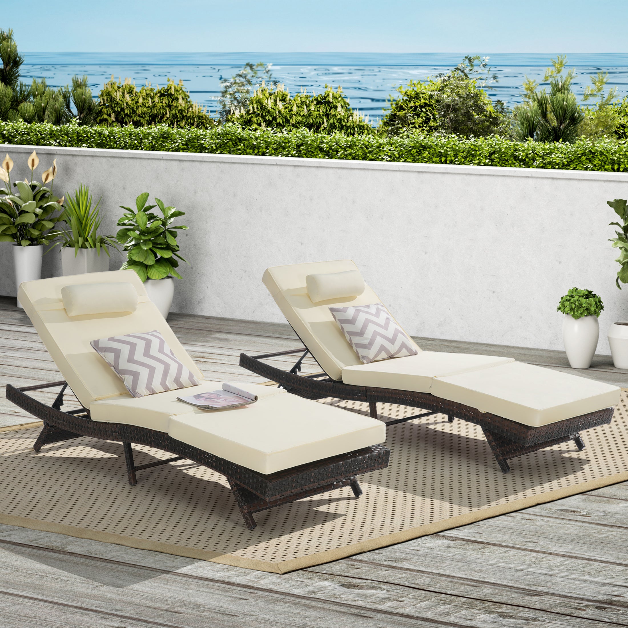 Outdoor Chaise Lounge Chair Set of 2, Wicker Outdoor Lounger Recliner with Cushions and 5-Level Adjustment Backrest, Modern Patio Lounge Chair for Poolside, Garden,