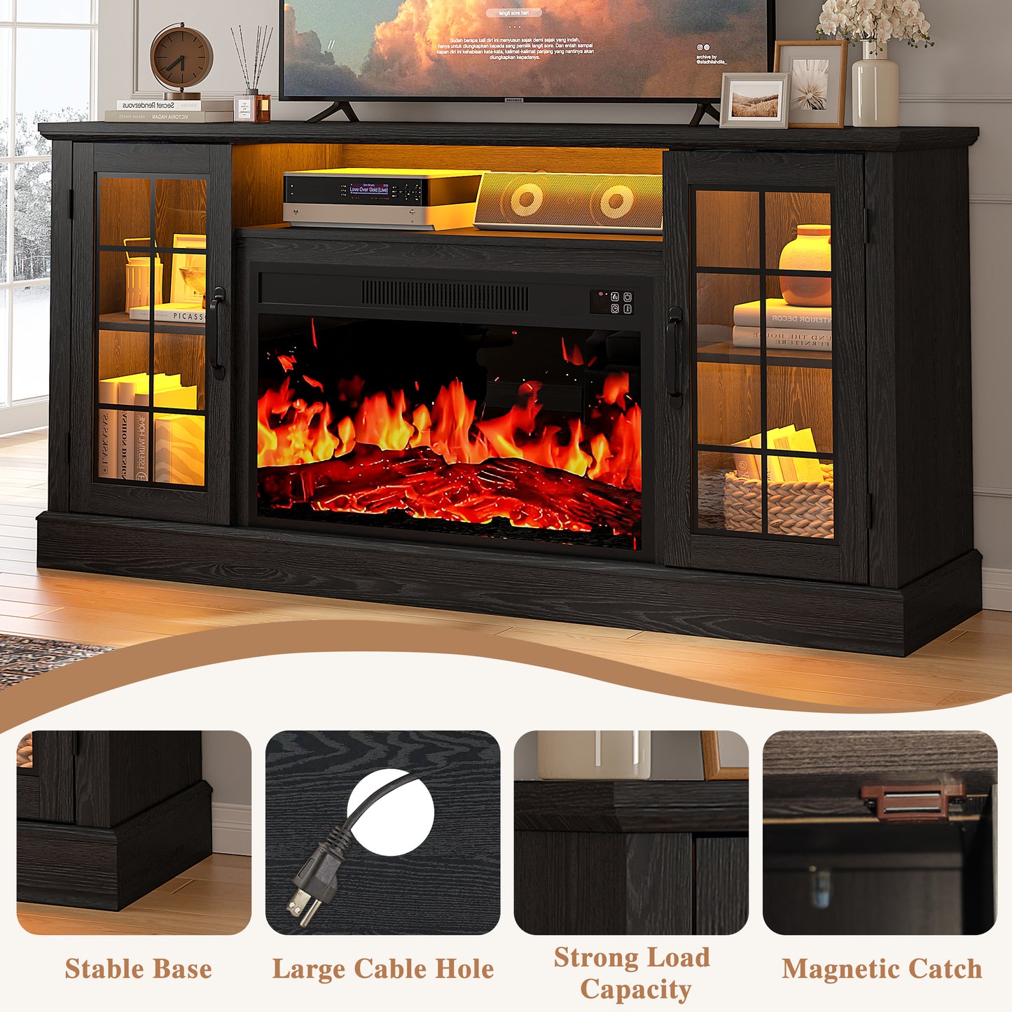 PAPROOS 63" Fireplace TV Stand for TVs up to 70" with 32" Electric Fireplace, Entertainment Center with LED, Modern Television Table Center With Remote Control for Living Room, Black
