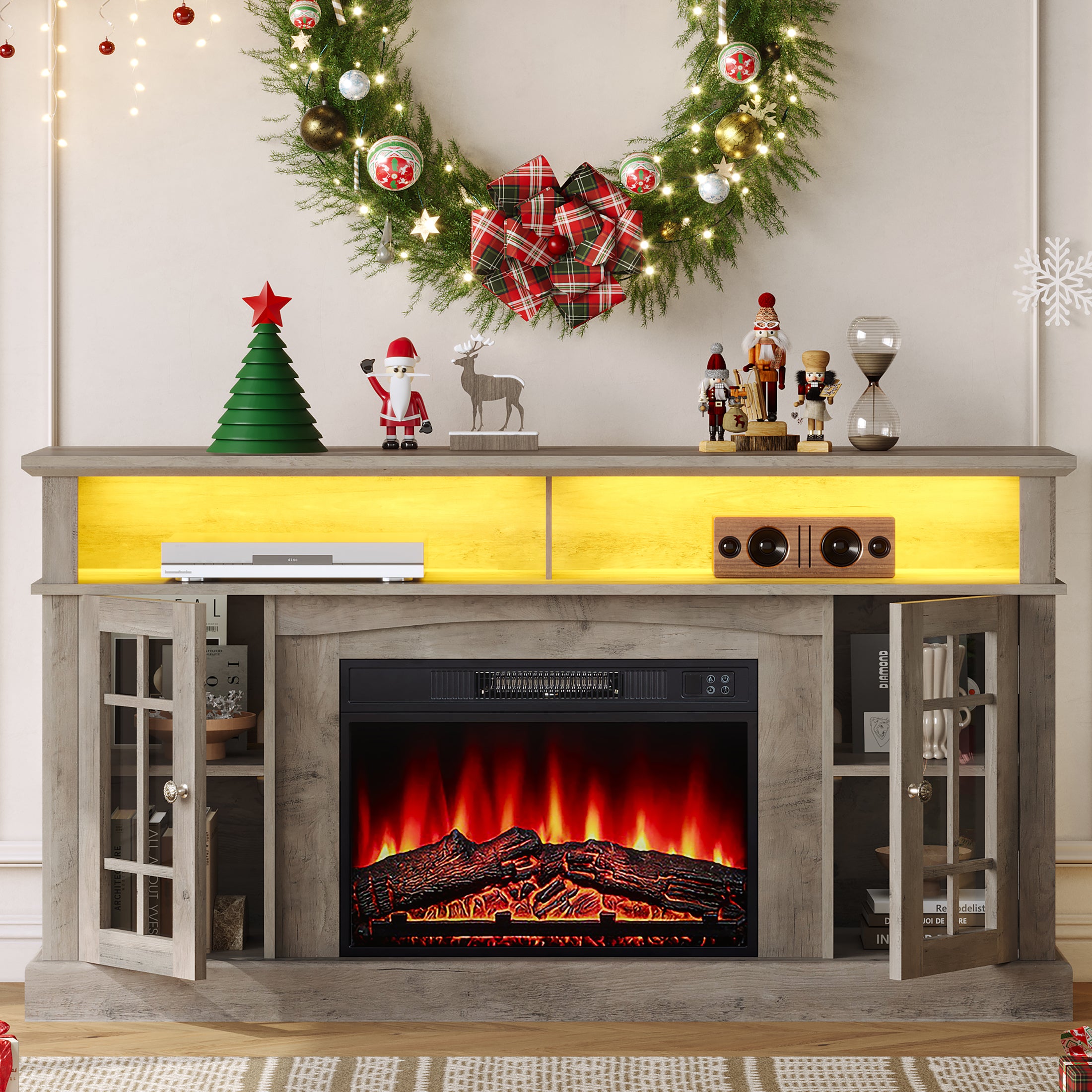 Fireplace TV Stand for 65 Inch TV, 1400w Farmhouse Electric TV Stand with Fireplace, Fireplace Entertainment Center with Remote Control for Living Room, Brown