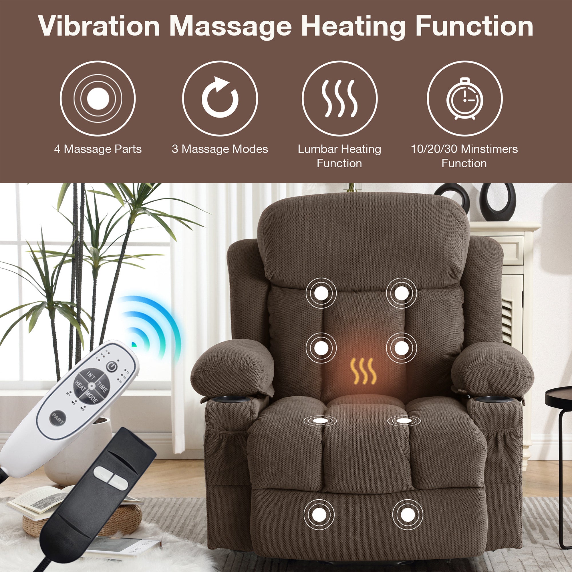 PAPROOS Power Lift Recliner Chair for Elderly with Heat and Massage, Electric Velvet Lift Chair with USB Port, Side Pockets and Cup Holders, Remote Control Recliner for Living Room, Brown