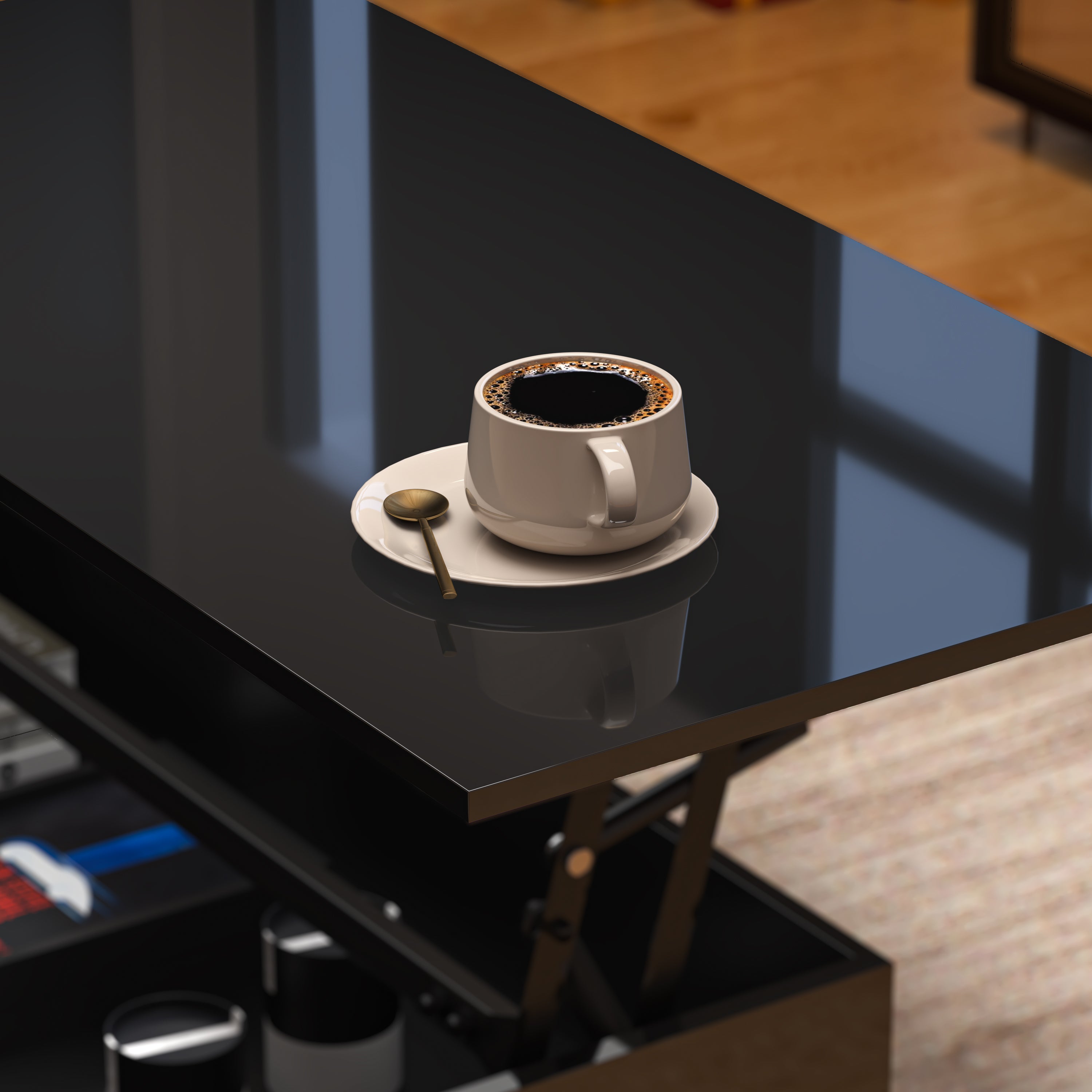 PAPROOS Lift Top Coffee Table for Living Room, Modern Coffee Table with APP Control LED Light and Charging Station, High Gloss Coffee Table with Hidden Storage and Storage Shelves, Black