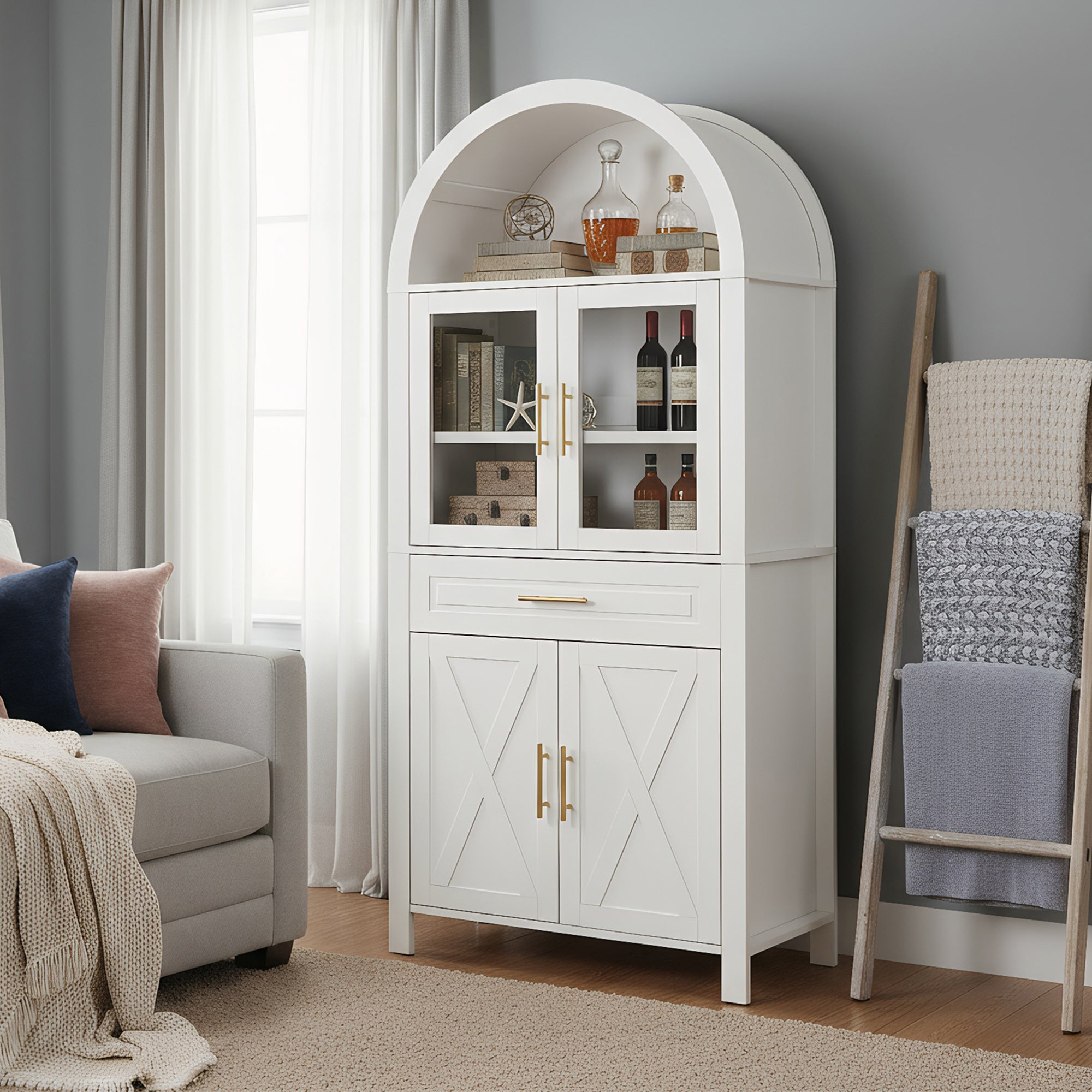 PAPROOS 71" Tall Arched Pantry Storage Cabinet with Glass Door, Farmhouse Pantry Cabinet with Built-in Racks & Adjustable Shelves, Barn Door Design Kitchen Storage for Living Room Dining Room, White