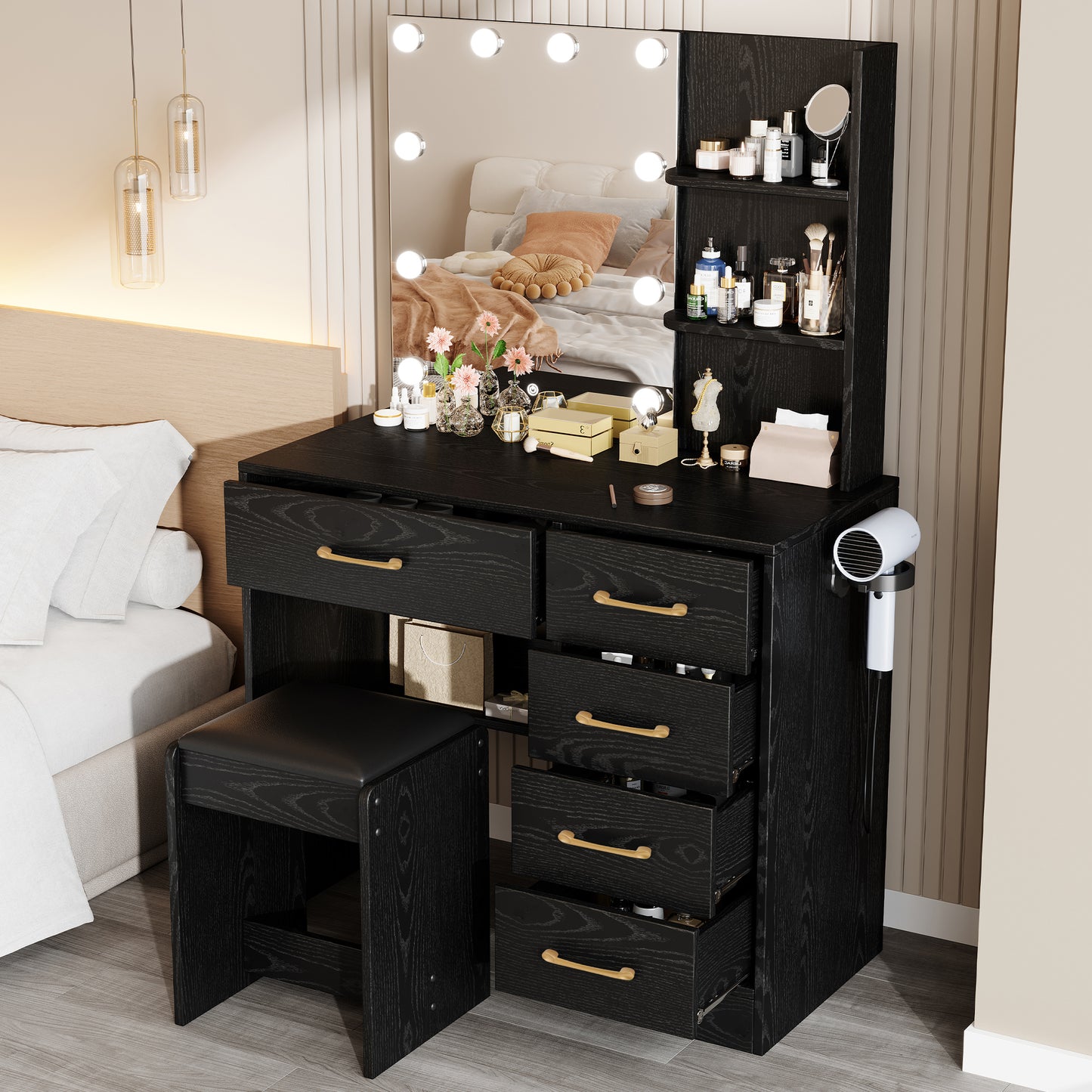 Black Vanity Set with Mirror and Light for Women, PAPROOS Small Vanity Desk with 5 Drawers, Modern Wood Makeup Table with Hair Dryer Rack and Stool
