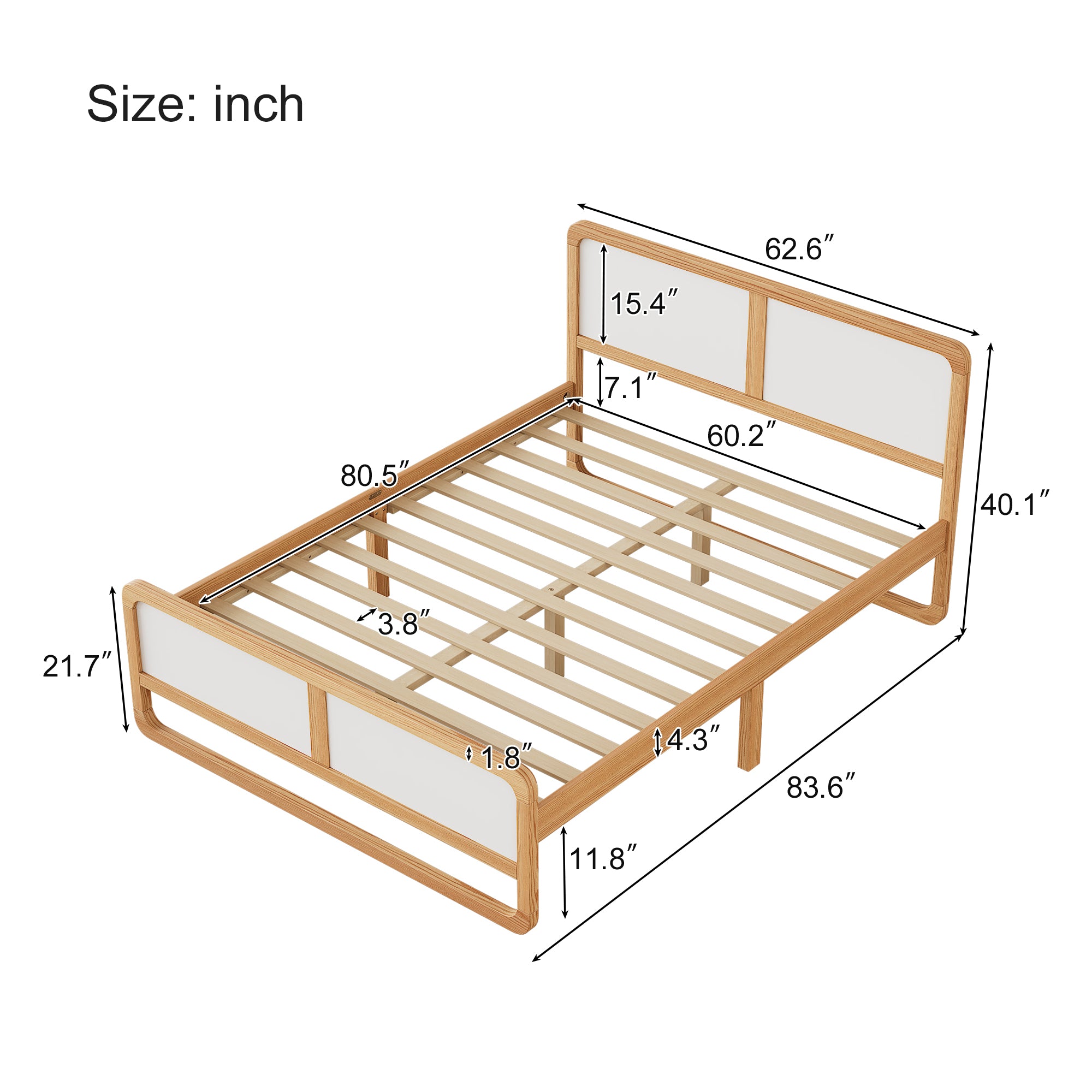 PAPROOS Queen Platform Bed Frame, Solid Wood Bed Frame with Headboard, Modern Queen Size Bed with Slats, No Box Spring Needed, White/Walnut