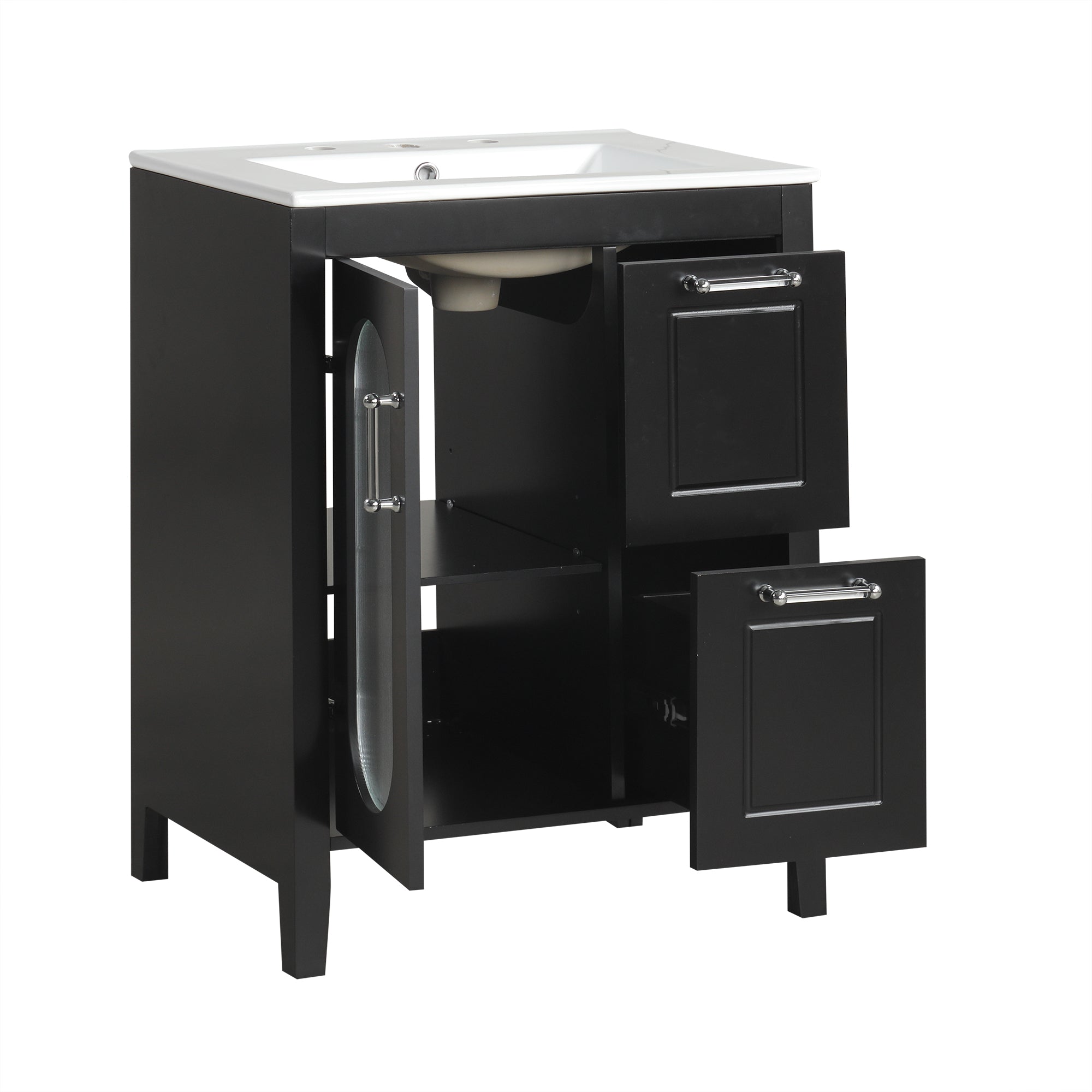 PAPROOS 24 inch Bathroom Vanity with Sink, Wood Freestanding Bathroom Cabinet Vanity with 2 Drawers and Door, Modern Bathroom Storage Cabinet with Glass Door, Adjustable Shelf and Solid Frame, Grey