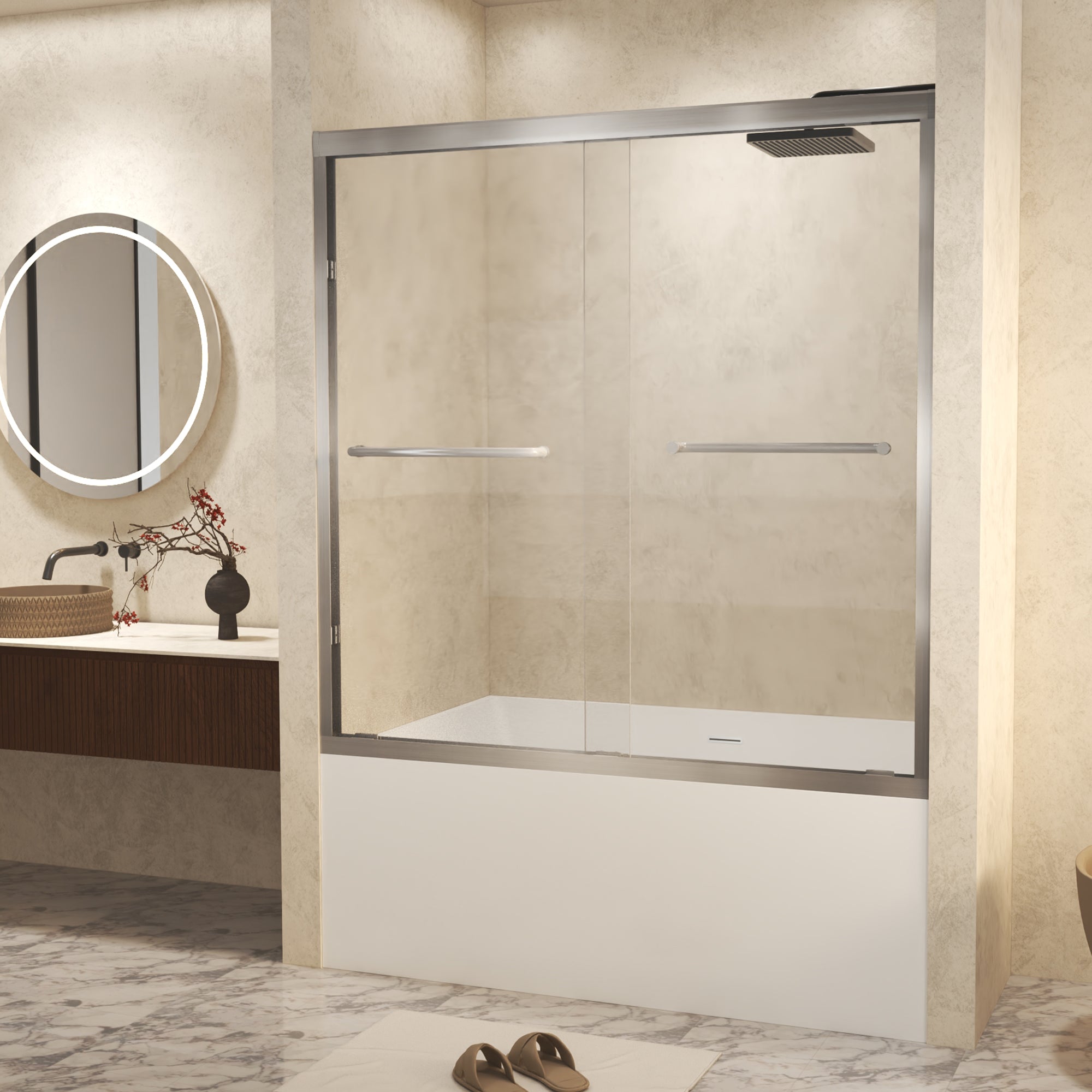 PAPROOS 44"-48" W x 72" H Framed Double Sliding Shower Door, Modern Tub Door with 1/4” (6 mm) Clear Tempered Glass, Bathtub Door with Stainless Steel Handle, SGCC Certified, Brushed Nickel