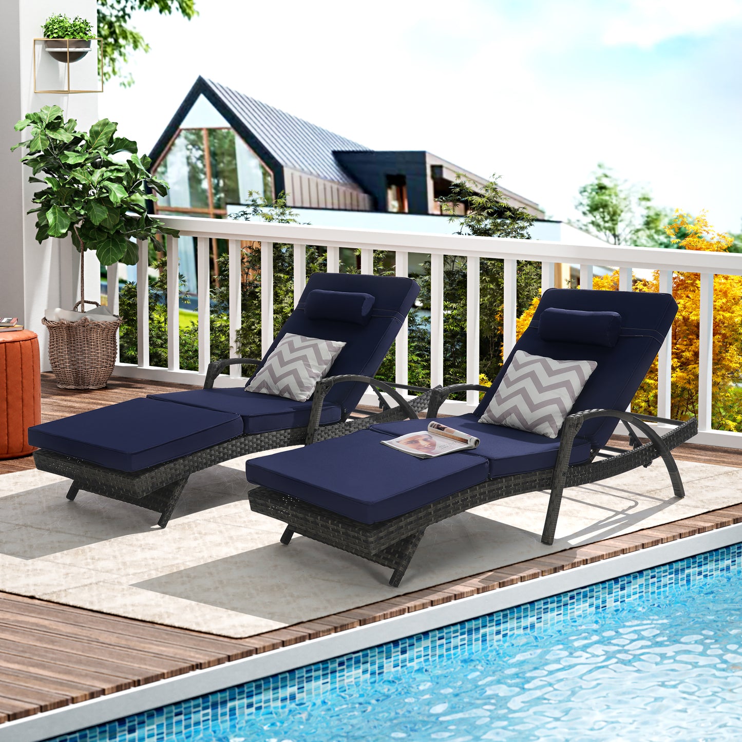 Outdoor Chaise Lounge Chair Set of 2, Rattan Patio Chaise Lounge Chair with Cushion and Arms, Modern 5-Positions Adjustable Outdoor Lounger Recliner for Poolside, Garden, Backyard, Light Gray