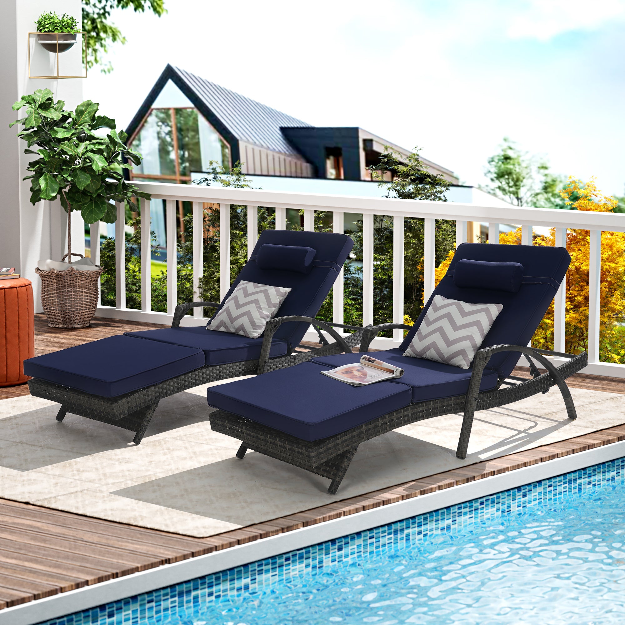 Outdoor Chaise Lounge Chair Set of 2, Rattan Patio Chaise Lounge Chair with Cushion and Arms, Modern 5-Positions Adjustable Outdoor Lounger Recliner for Poolside, Garden, Backyard, Light Gray