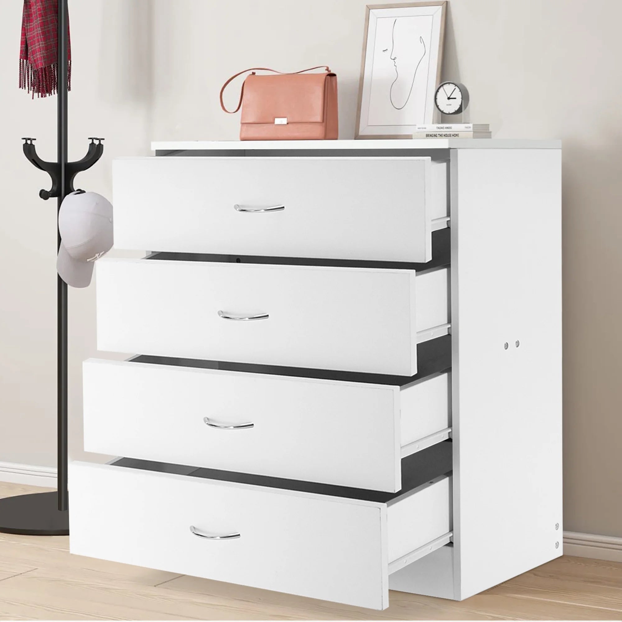 PAPROOS Modern White 4 Drawer Dresser, Chest of Drawers for Bedroom, Storage Cabinet Dresser Organizer Unit with Handle for Living Room, Closet, Hallway, Nursery