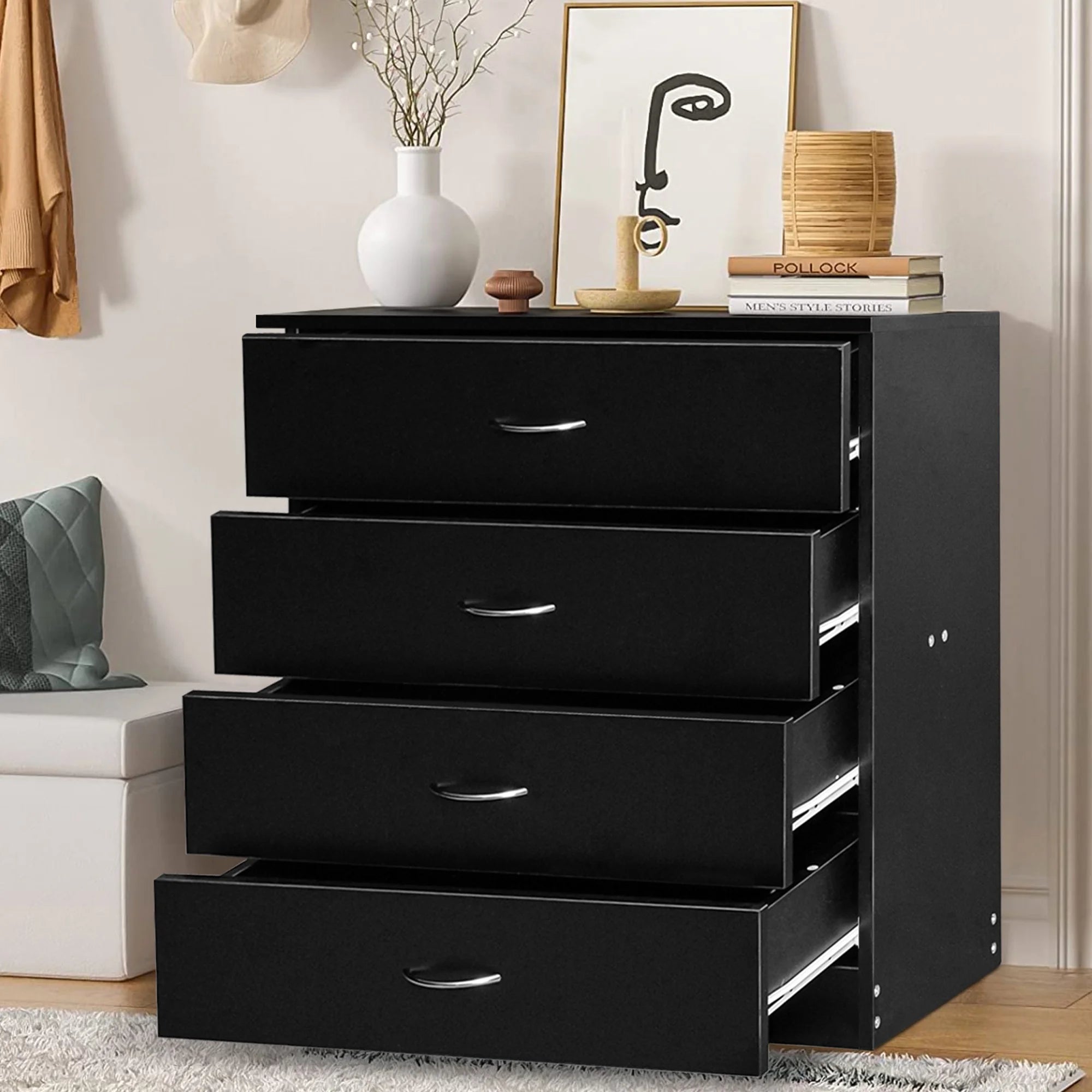 PAPROOS Modern White 4 Drawer Dresser, Chest of Drawers for Bedroom, Storage Cabinet Dresser Organizer Unit with Handle for Living Room, Closet, Hallway, Nursery