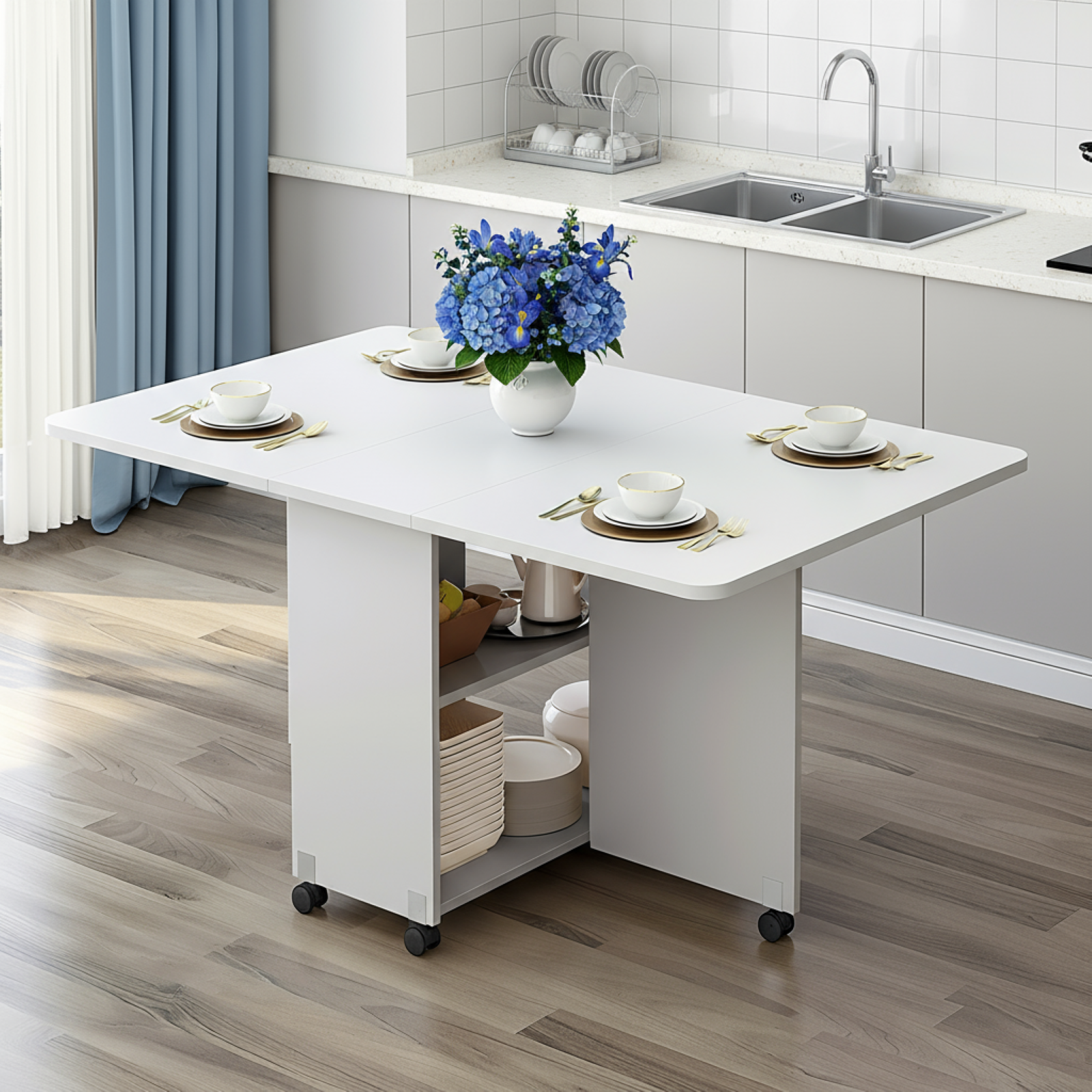 PAPROOS Folding Dining Table, 47'' Drop Leaf Dining Table with Storage Shelves & Wheels, Space Saving Kitchen Table with Marble-color, Expandable Dining Room Table, White