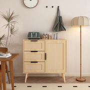 PAPROOS Drawer Dresser, Wood Rattan Dresser for Bedroom with 3 Drawers and Door, Modern Chest of Drawer with Handle and Shelf, Storage Cabinet for Bedroom, Living Room, Hallway, Natural
