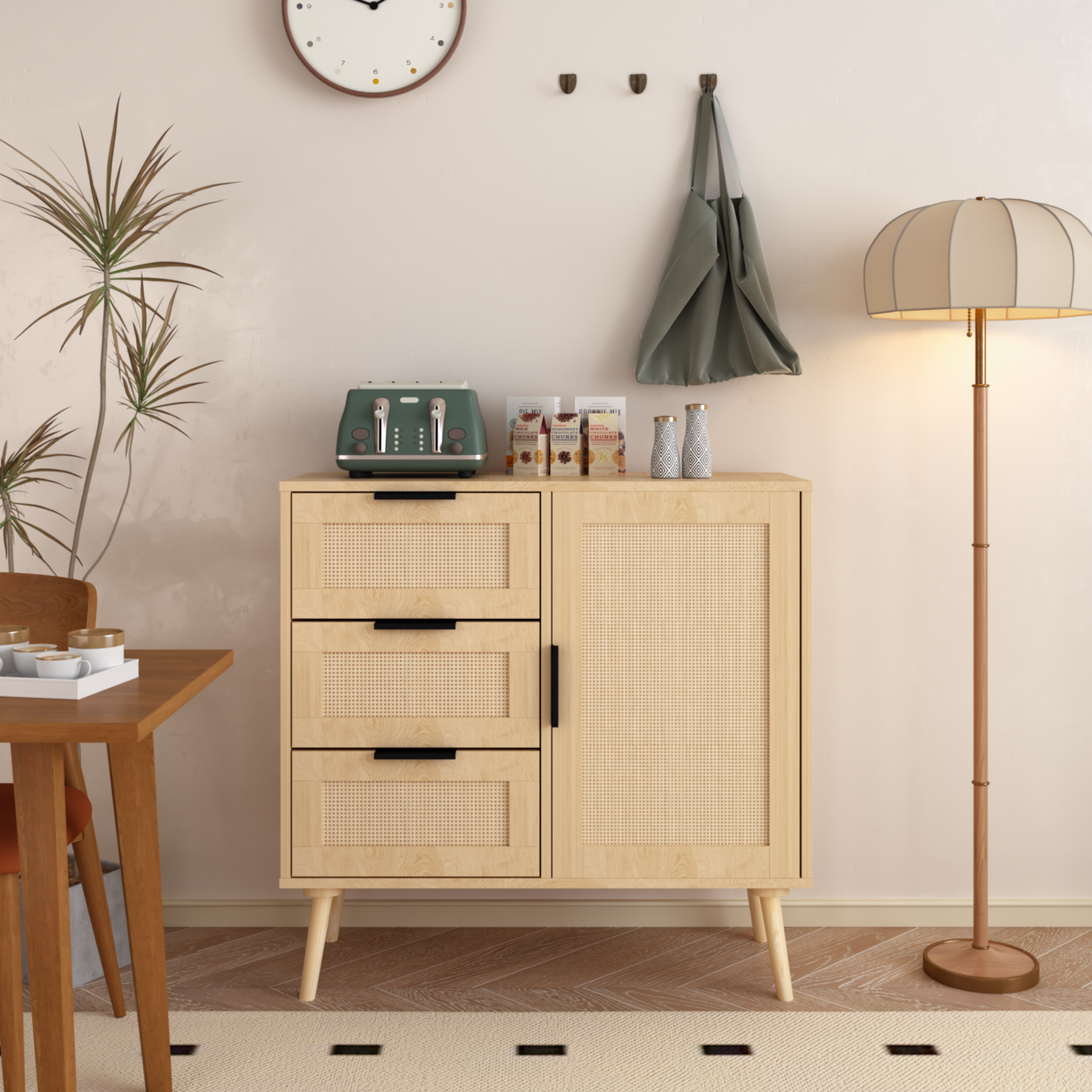 PAPROOS Drawer Dresser, Wood Rattan Dresser for Bedroom with 3 Drawers and Door, Modern Chest of Drawer with Handle and Shelf, Storage Cabinet for Bedroom, Living Room, Hallway, Natural