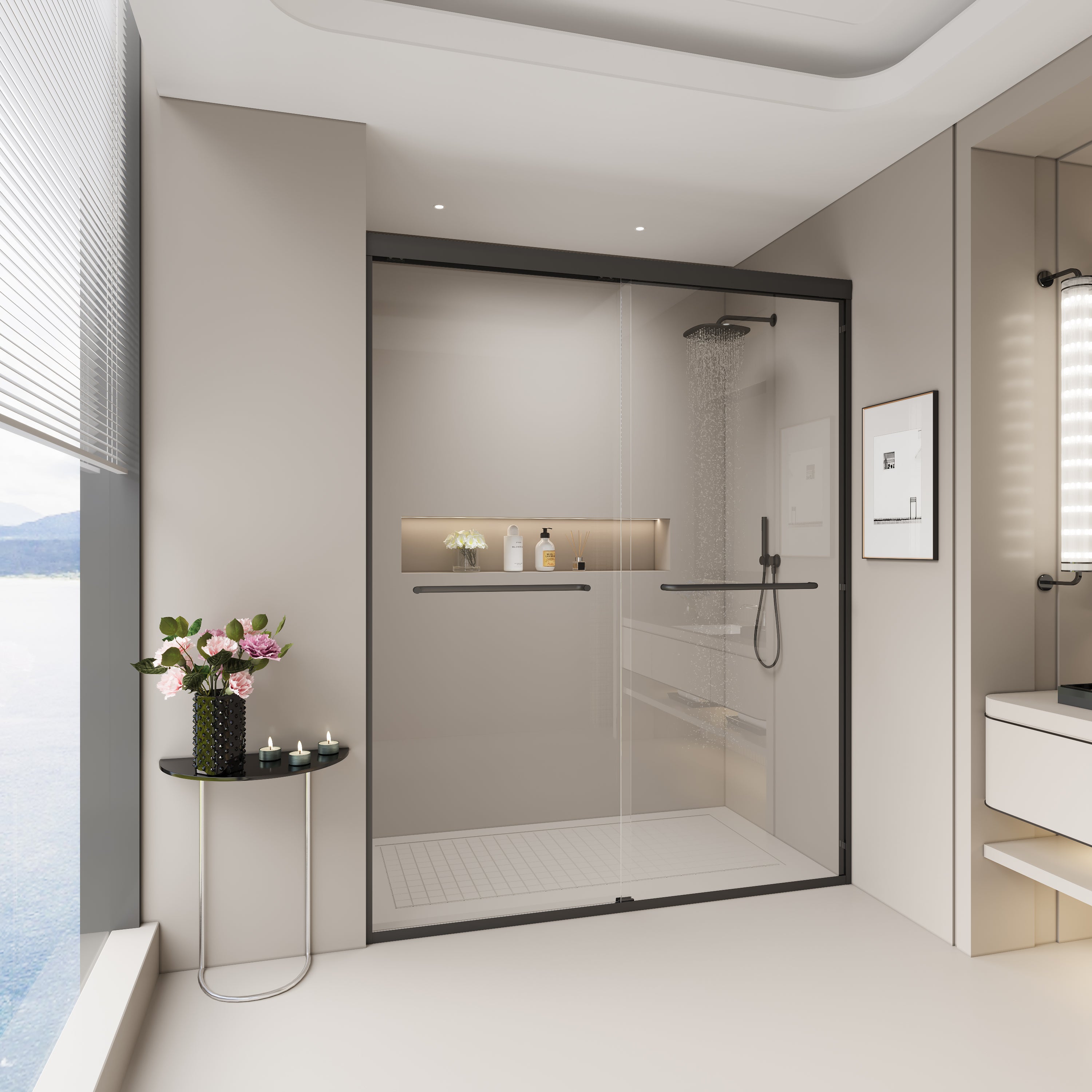 PAPROOS 44"-48" W x 72" H Sliding Shower Door, Modern Double Tub Door with Aluminum Frame, Bathtub Door with 1/4” (6 mm) Clear Tempered Glass, Stainless Steel Handle, SGCC Certified, Matte Black