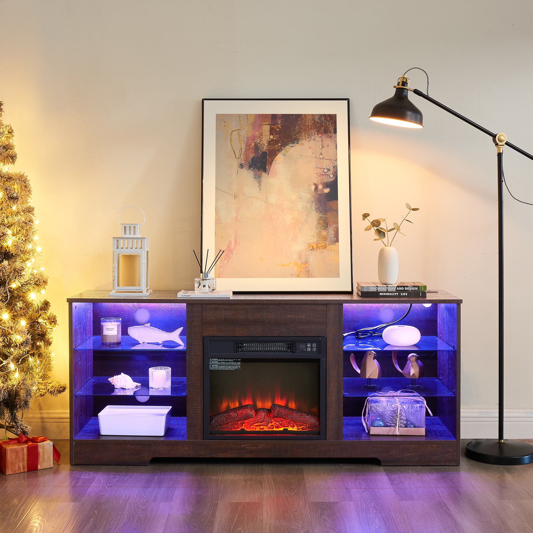 PAPROOS Fireplace TV Stand for 60" TV, Modern Entertainment Center with LED Light, Glass Shelves, 18" Fireplace, Charging Station, Wood Media Console TV Cabinet for Living Room, Espresso