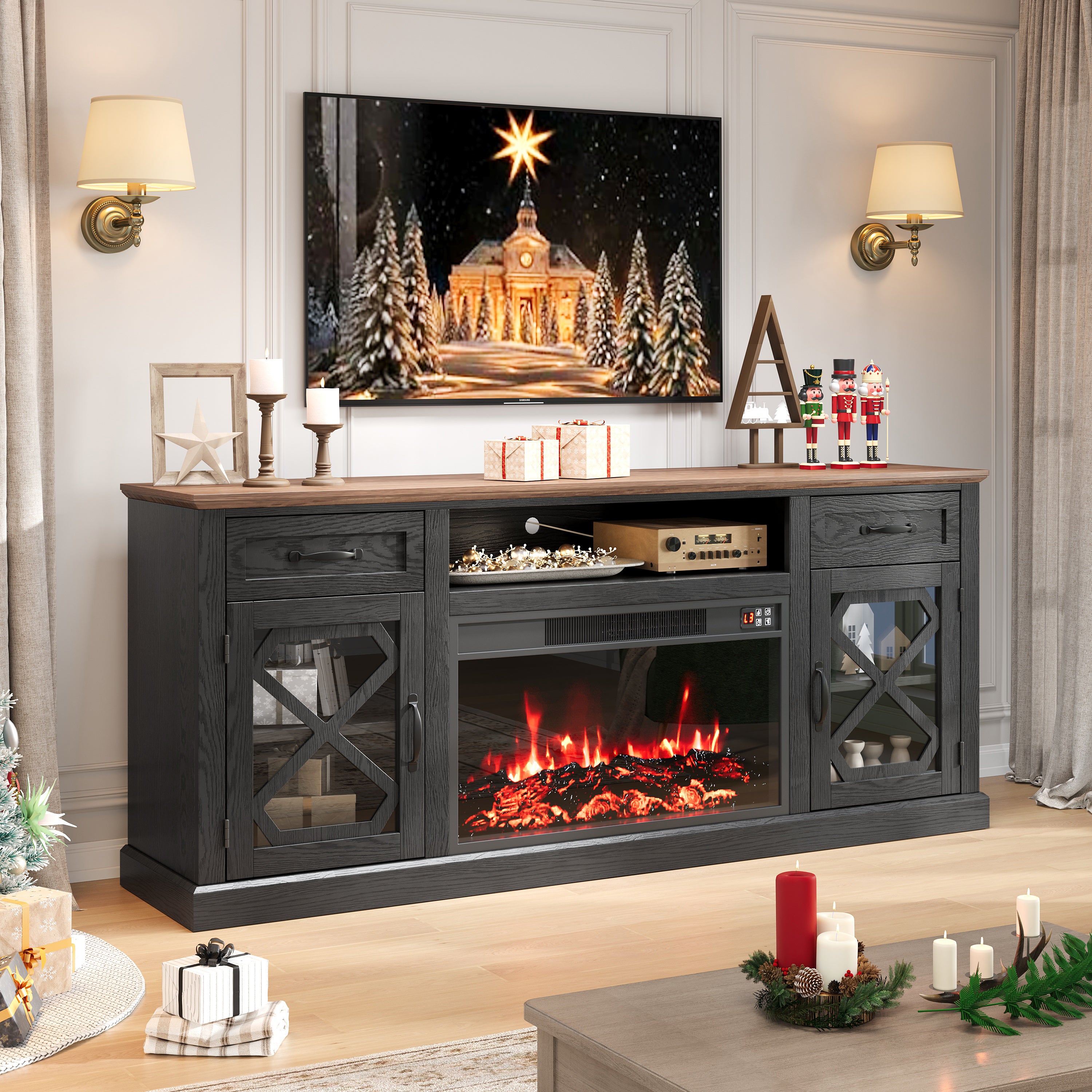 Fireplace TV Stand, PAPROOS 70in TV Stand with 30in Fireplace for 80 inch TVs, Farmhouse Entertainment Center for Living Room, 500Sqt Heating Area, Brown&Black
