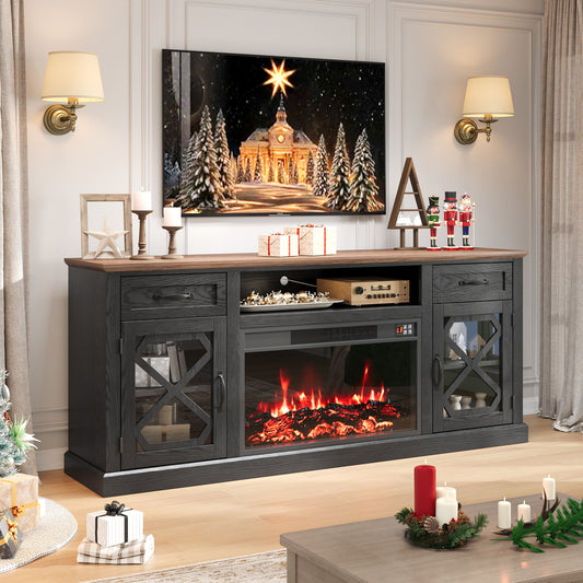 Fireplace TV Stand, PAPROOS 70in TV Stand with 30in Fireplace for 80 inch TVs, Farmhouse Entertainment Center for Living Room, 500Sqt Heating Area, Brown&Black