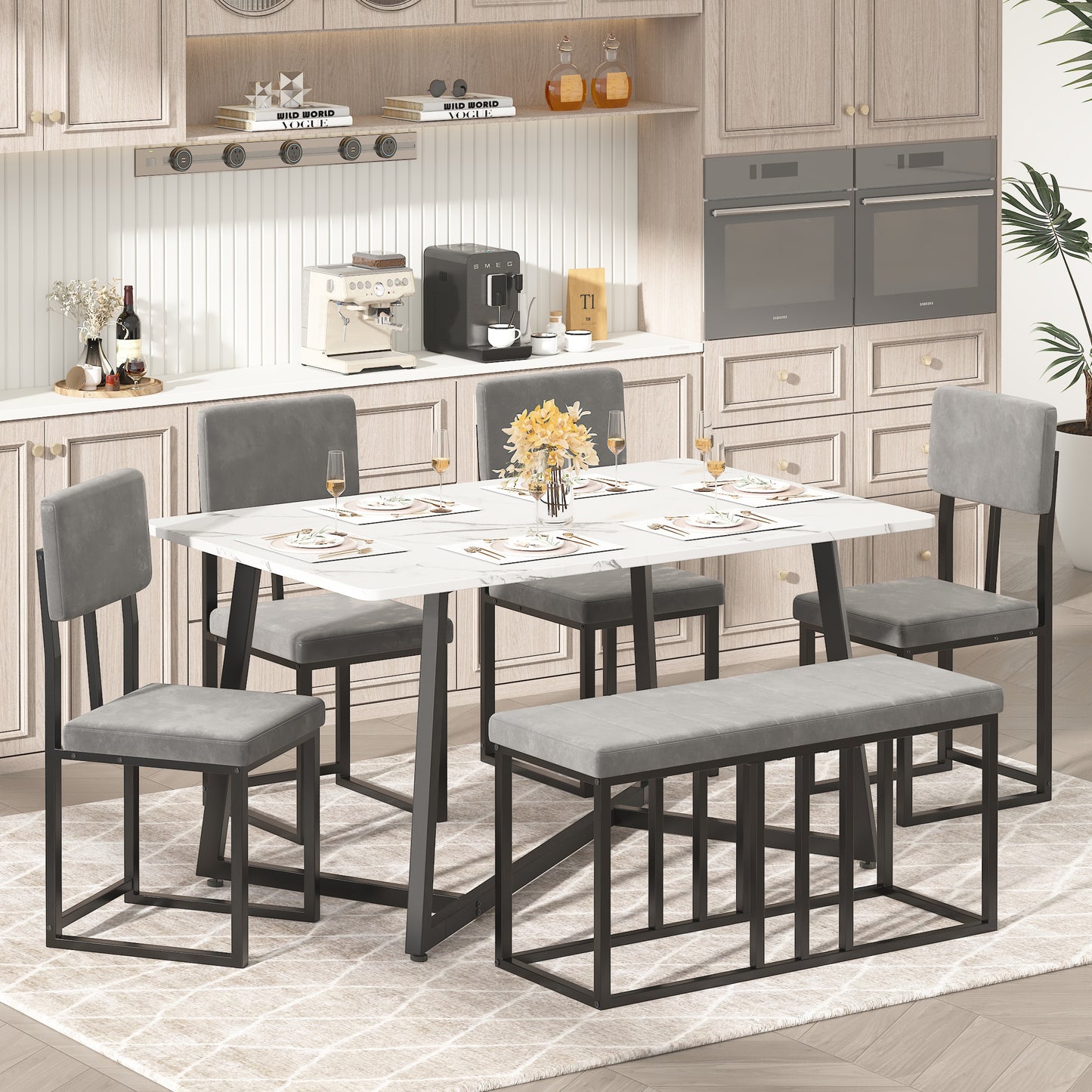 6 Piece Dining Room Table Set, Dining Table Sets for 6 with Chairs and Bench, Large Dinning Table and Chairs 4to6Set, Modern Kitchen Table Sets with Chairs for 6, Gray Table and Gray Chairs Set