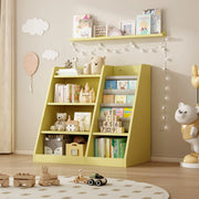 4-Tier Kids Bookshelf with 4 Layer Sling Bookcases, Wooden Toy Storage Organizer Cabinet, Adjustable Shelf for Classroom, Kids Bedroom, Nursery, Yellow