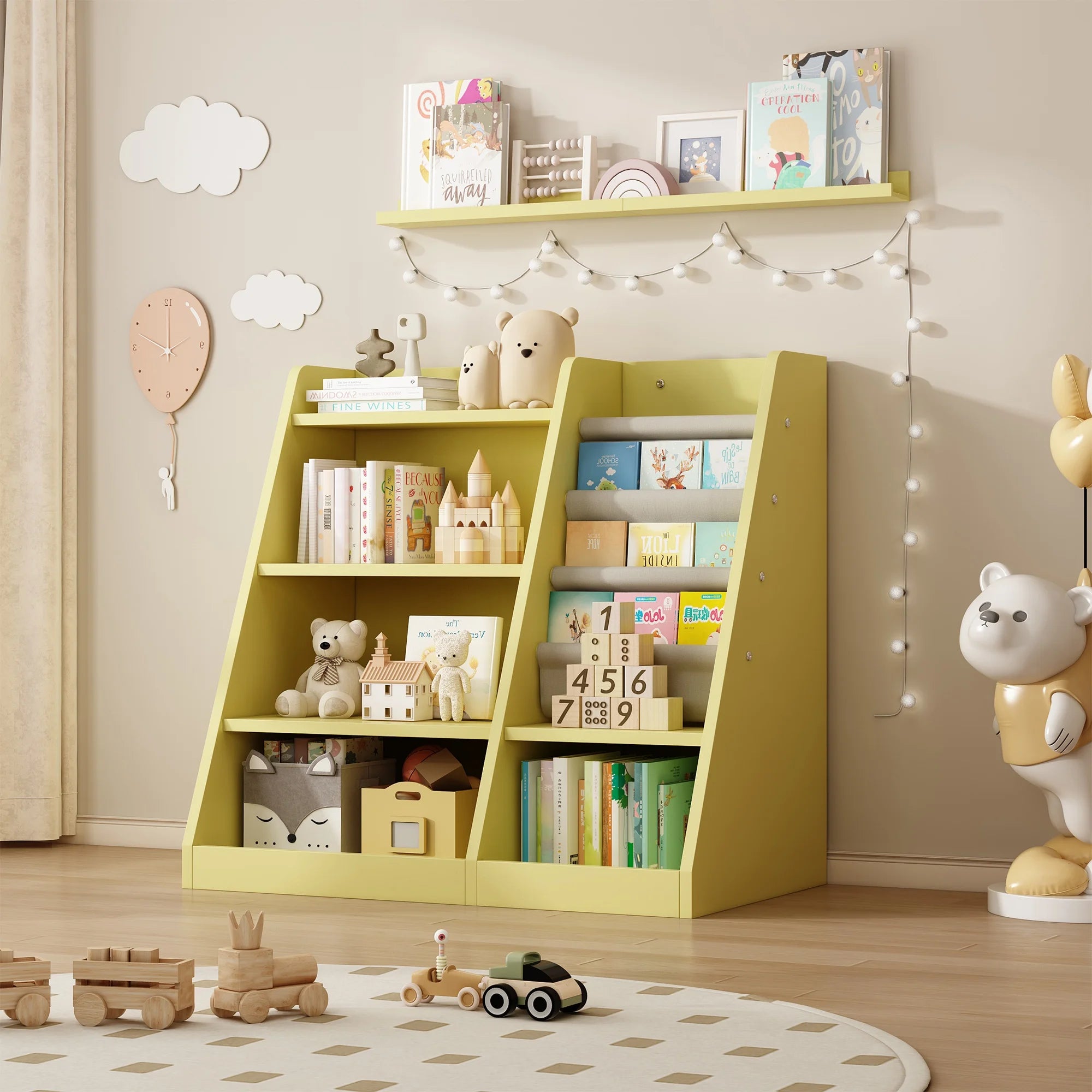 4-Tier Kids Bookshelf with 4 Layer Sling Bookcases, Wooden Toy Storage Organizer Cabinet, Adjustable Shelf for Classroom, Kids Bedroom, Nursery, Yellow