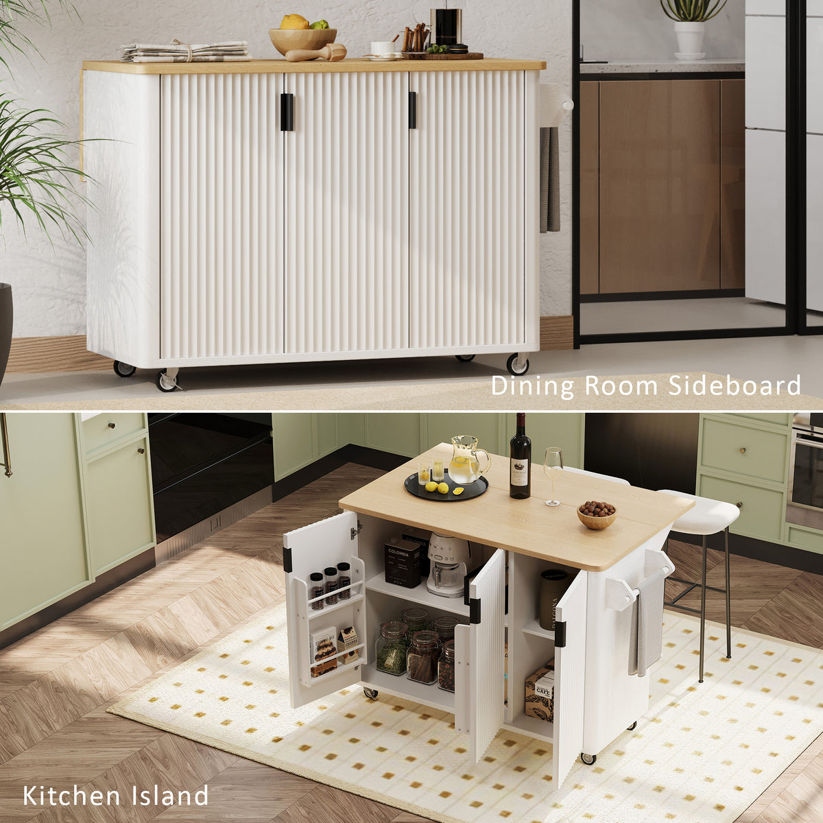 Kitchen Island with Storage, PAPROOS 51" Rolling Kitchen Cart with Drop Leaf & Solid Wood Top, Portable Kitchen Island with Spice Rack & Towel Bar for Kitchen Dining Room