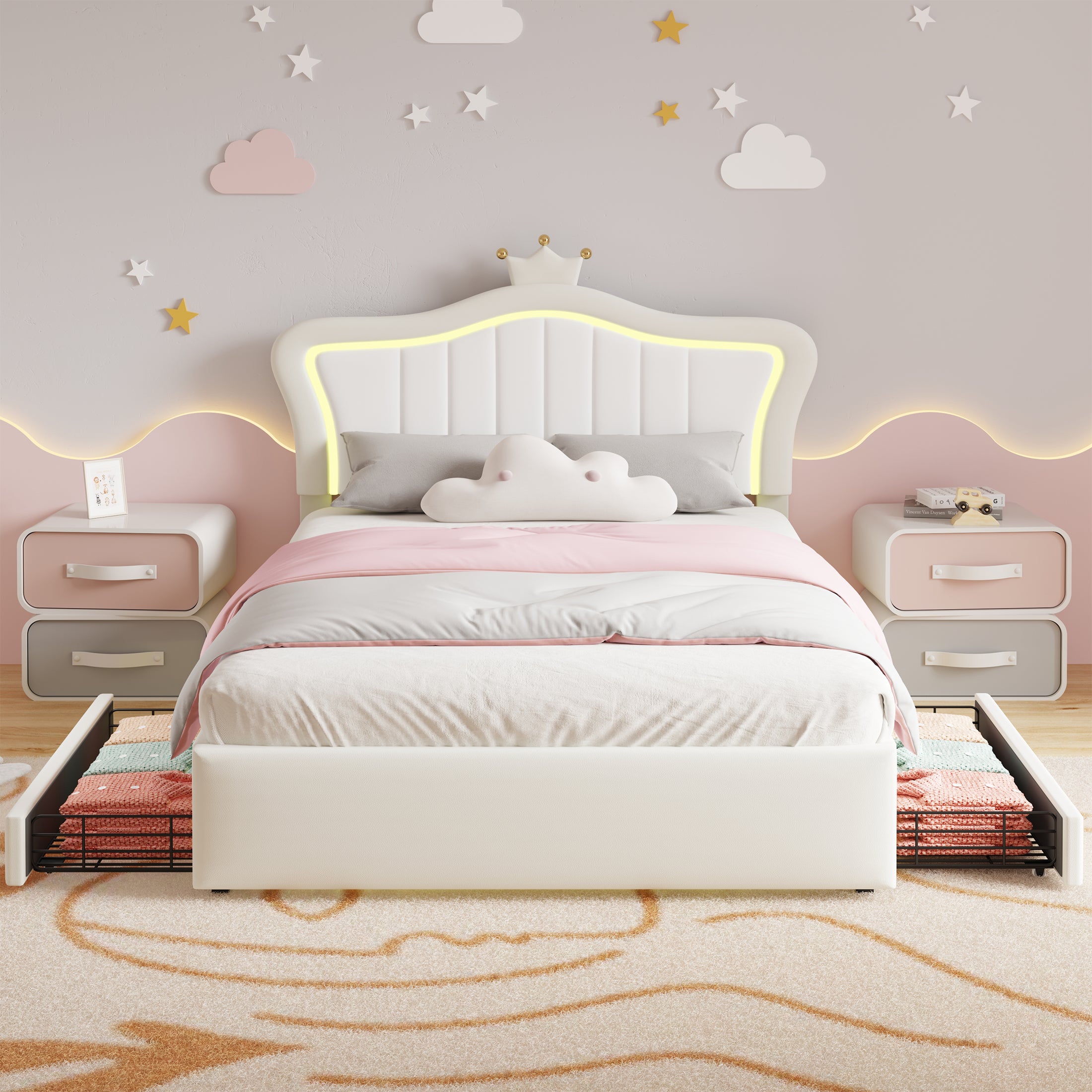 PAPROOS Full Size Upholstered Platform Bed with LED Lights and 2 Storage Drawers