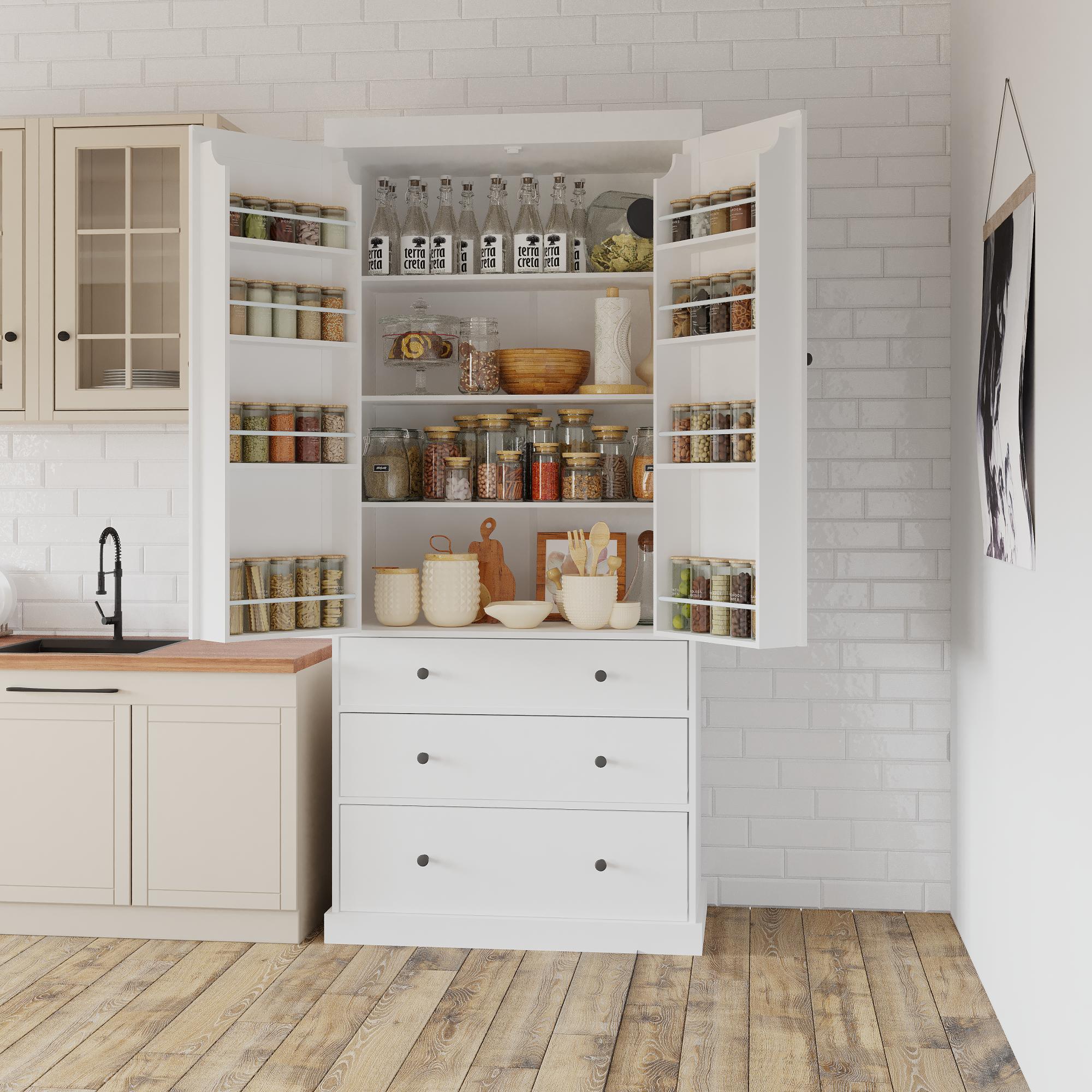 PAPROOS 77" Tall Pantry Cabinet, Wood Kitchen Pantry Storage Cabinet with 3 Drawers, 2 Doors, Farmhouse Cupboard Storage with 3 Adjustable Shelves, 8 Door Shelves for Dining Room, Craft Room, White