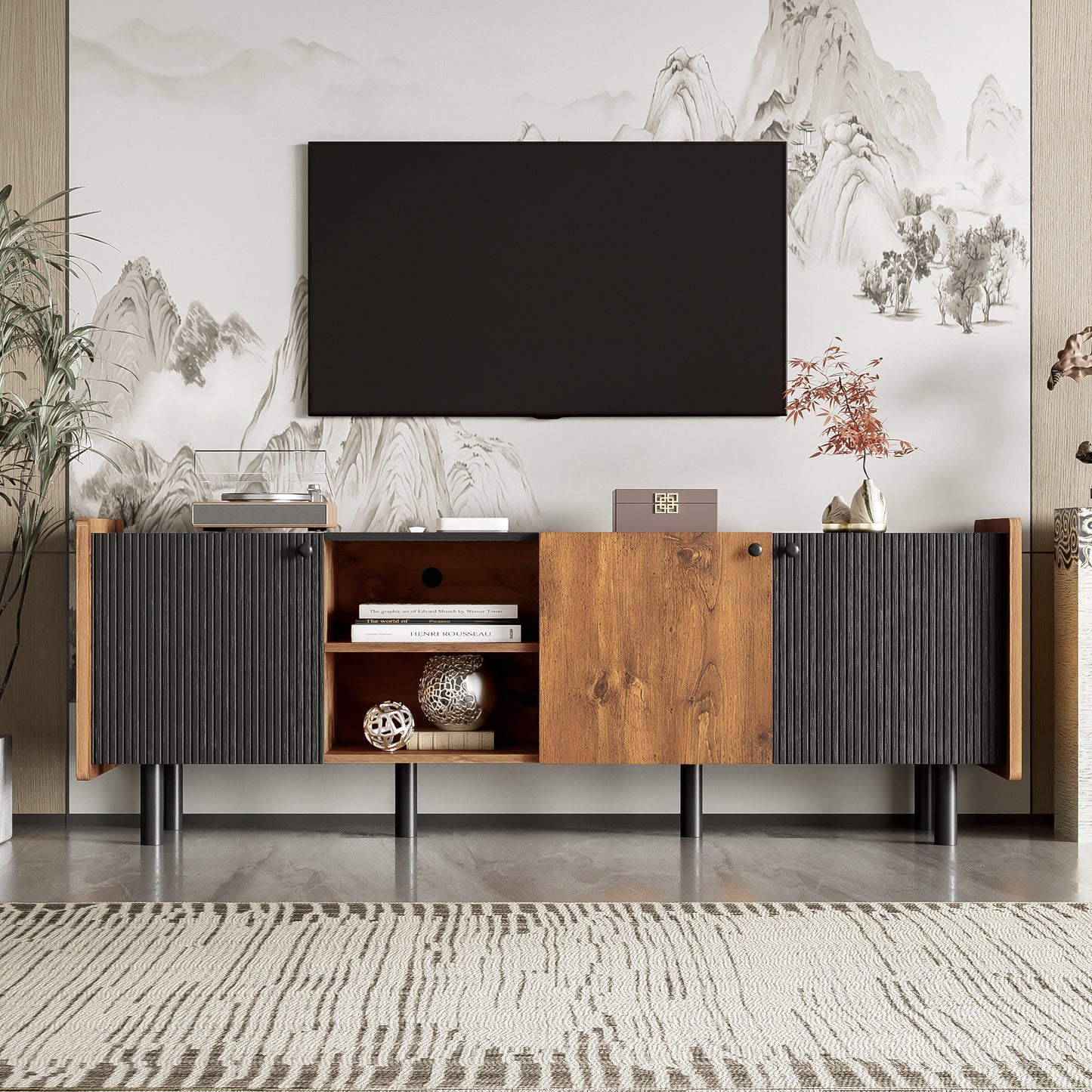 PAPROOS TV Stand for 70 inch tv, Mid Century Entertainment Center with Storage Cabinets, TV Cabinet with Open Shelves, Media Console Table with Doors for Living Room, Office