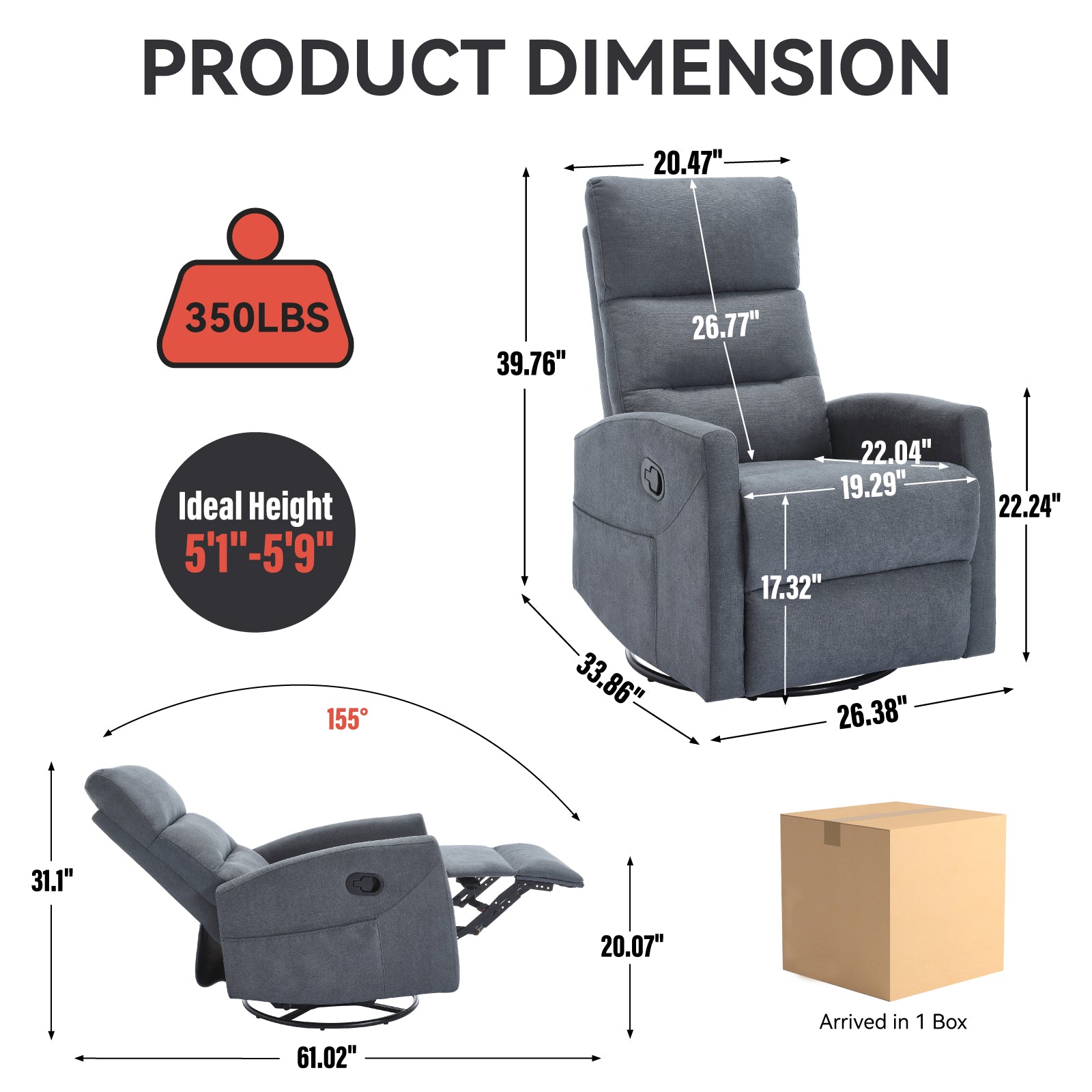 PAPROOS Swivel Rocker Recliner, Fabric 360° Swivel Rocking Recliner with 2 Side Pockets, Glider Rocking Chair for Baby Nursery, Manual Recliner for Adults for Home Theater Living Room