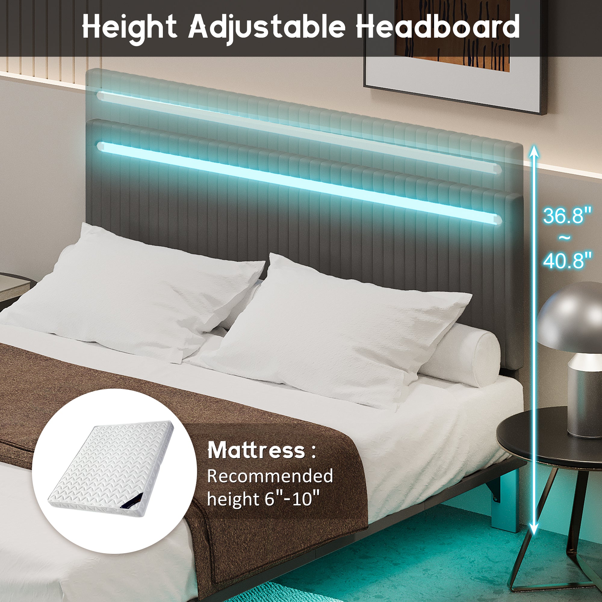 PAPROOS Full Floating Bed Frame, Upholstered Velvet Platform Bed Frame with Adjustable Headboard, RGB LED Lights, Modern Full Size Bed Frame with Underbed Sensor Lights, No Box Spring Needed, Beige