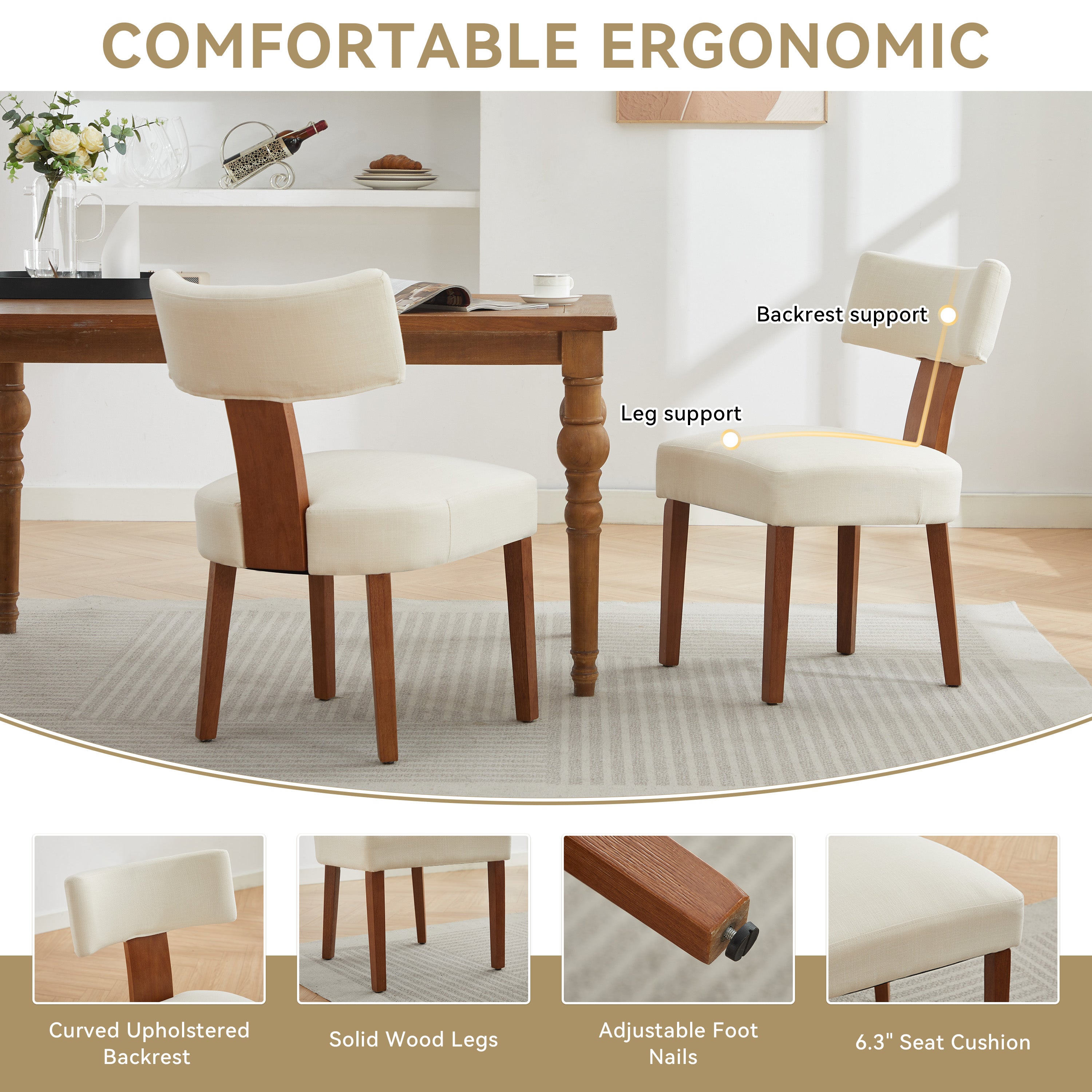 Dining Chairs Set of 2, Paproos Linen Upholstered Dining Chairs, Modern Accent Chair Side Chair with Curved Backrest and Adjustable Foot, Dining Room Chairs for Kitchen Dining Living Room