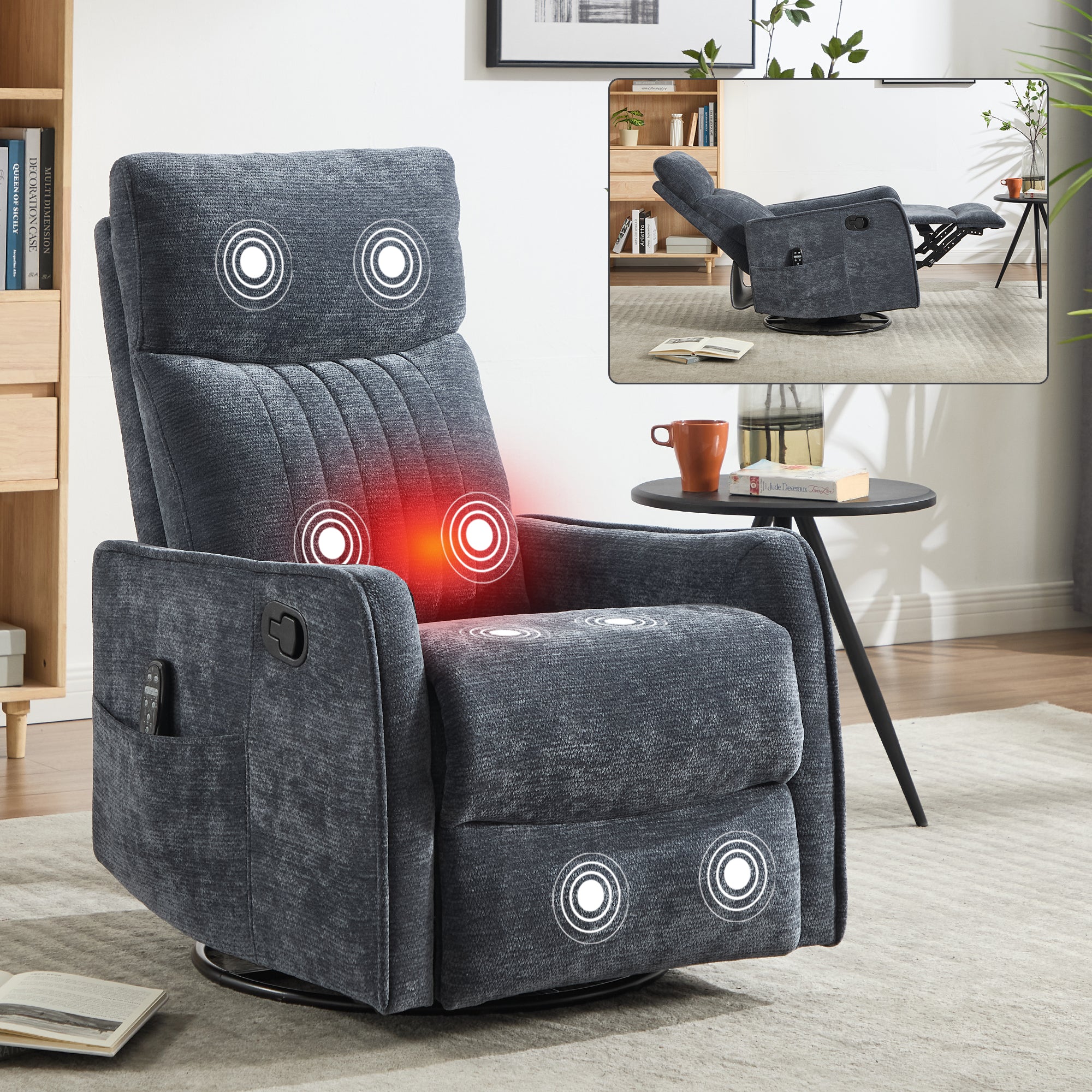 PAPROOS Recliner Chair with Massage and Heat, Fabric 360° Swivel Rocker Recliner, Rocking Chair for Nursery, Manual Recliner for Adults for Home Theater Living Room