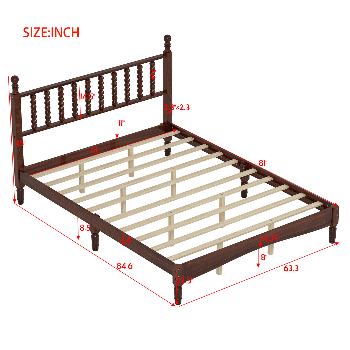 PAPROOS Queen Bed Frame with Spindle Headboard