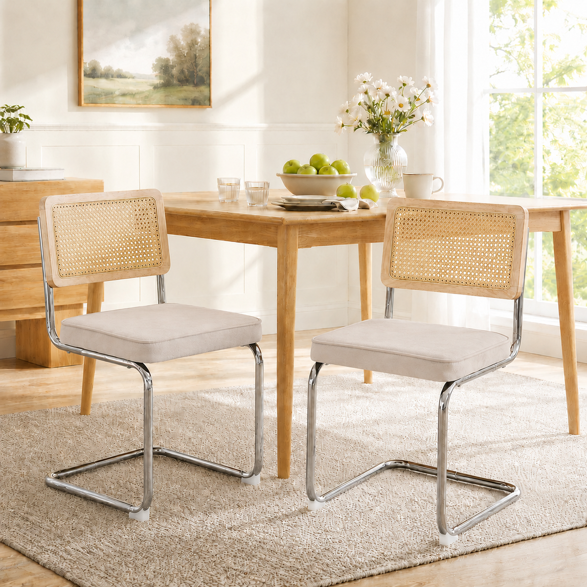 Dining Chairs Set of 2, Paproos Velvet Upholstered Dining Chairs, Mid Century Accent Chair Side Chair with Cane Back and Stainless Steel Chrome Legs, Dining Kitchen Living Room