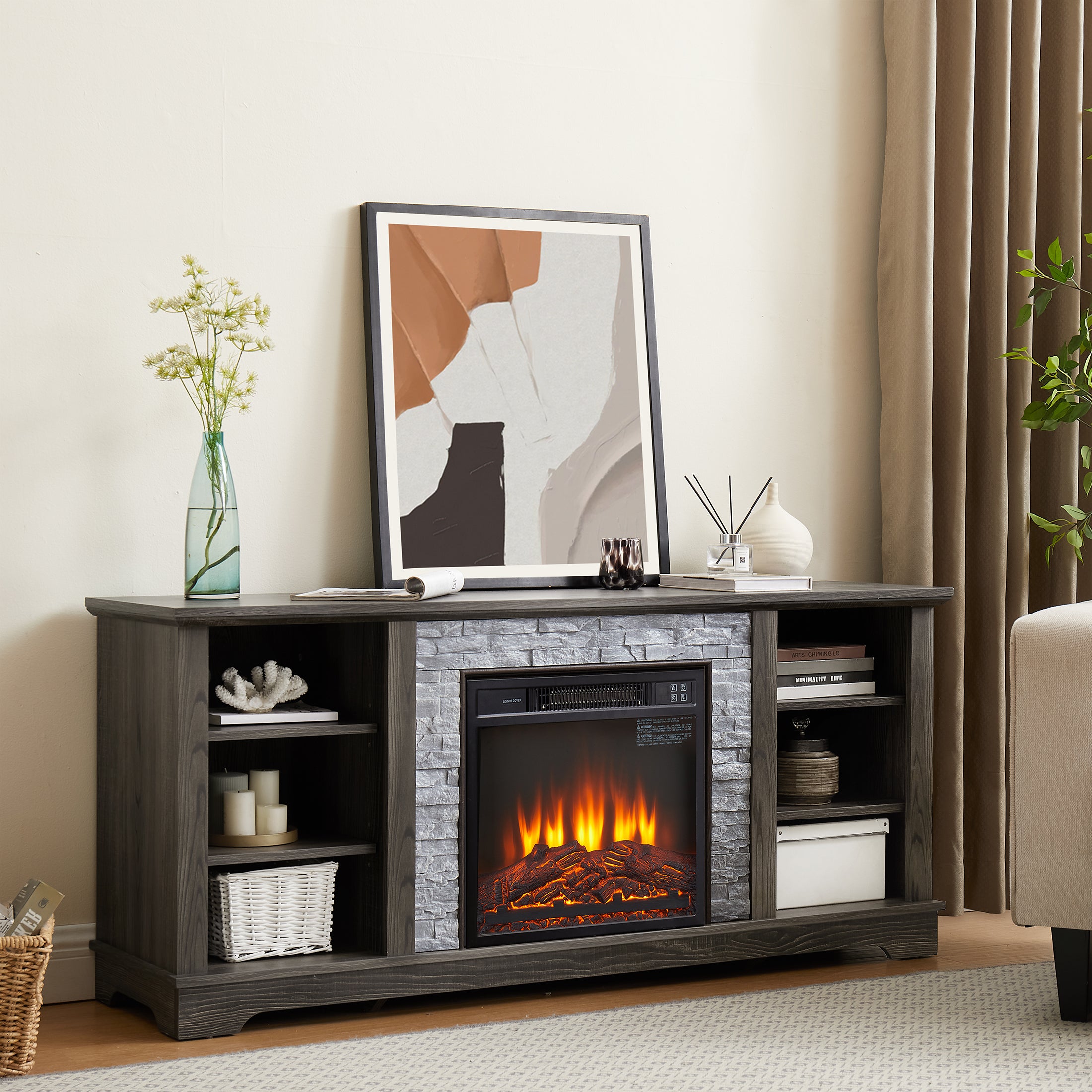 PAPROOS Fireplace TV Stand for 65-inch TV, Wooden TV Console Entertainment Center with Faux Stacked Stone Design for Living Room, Electric Fireplace TV Stand with Open Shelves, Gray