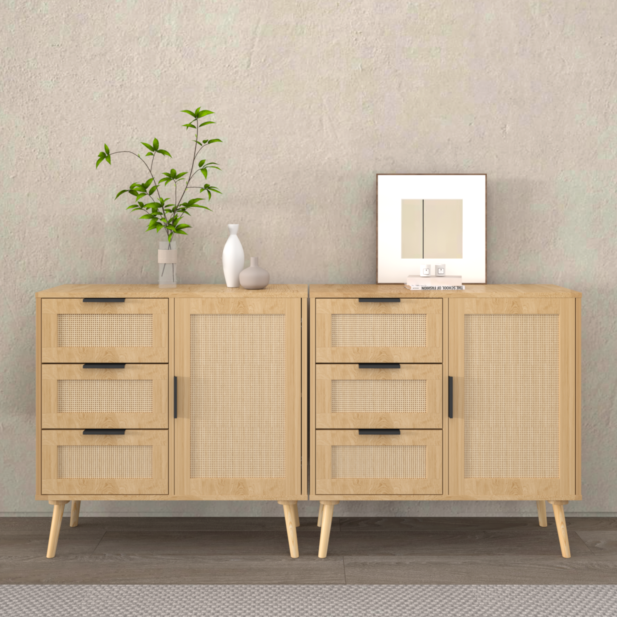 PAPROOS Drawer Dresser, Wood Rattan Dresser for Bedroom with 3 Drawers and Door, Modern Chest of Drawer with Handle and Shelf, Storage Cabinet for Bedroom, Living Room, Hallway, Natural