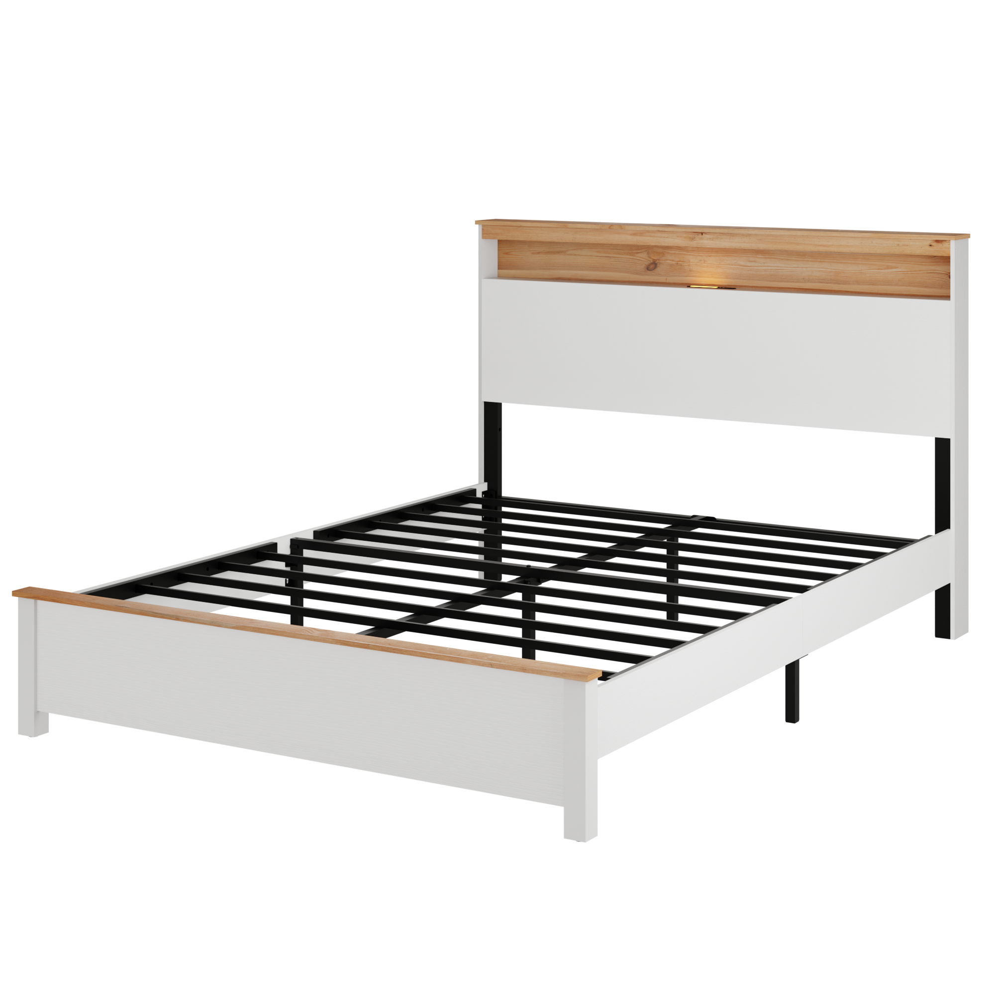 PAPROOS Queen Size Bed Frame, Wood Platform Bed Frame with Storage Headboard and Charging Station, Farmhouse Bed Frame with LED Light, Metal Slat Support, Holds 800 lb, No Box Spring Needed, White