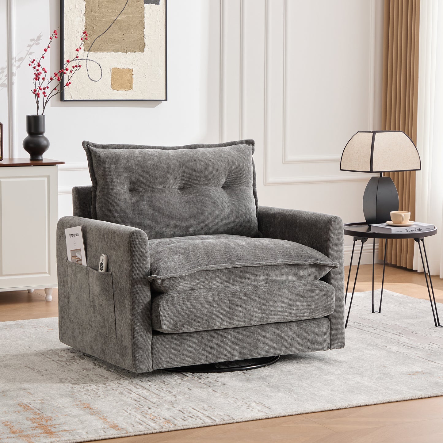 360°Swivel Accent Chair, Chenille Upholstered Armchair,&nbsp;PAPROOS Barrel Chair Reading Armchair with Side Pockets & Cushion, Modern Accent Chair with Metal Base for Living Room Bedroom, Beige