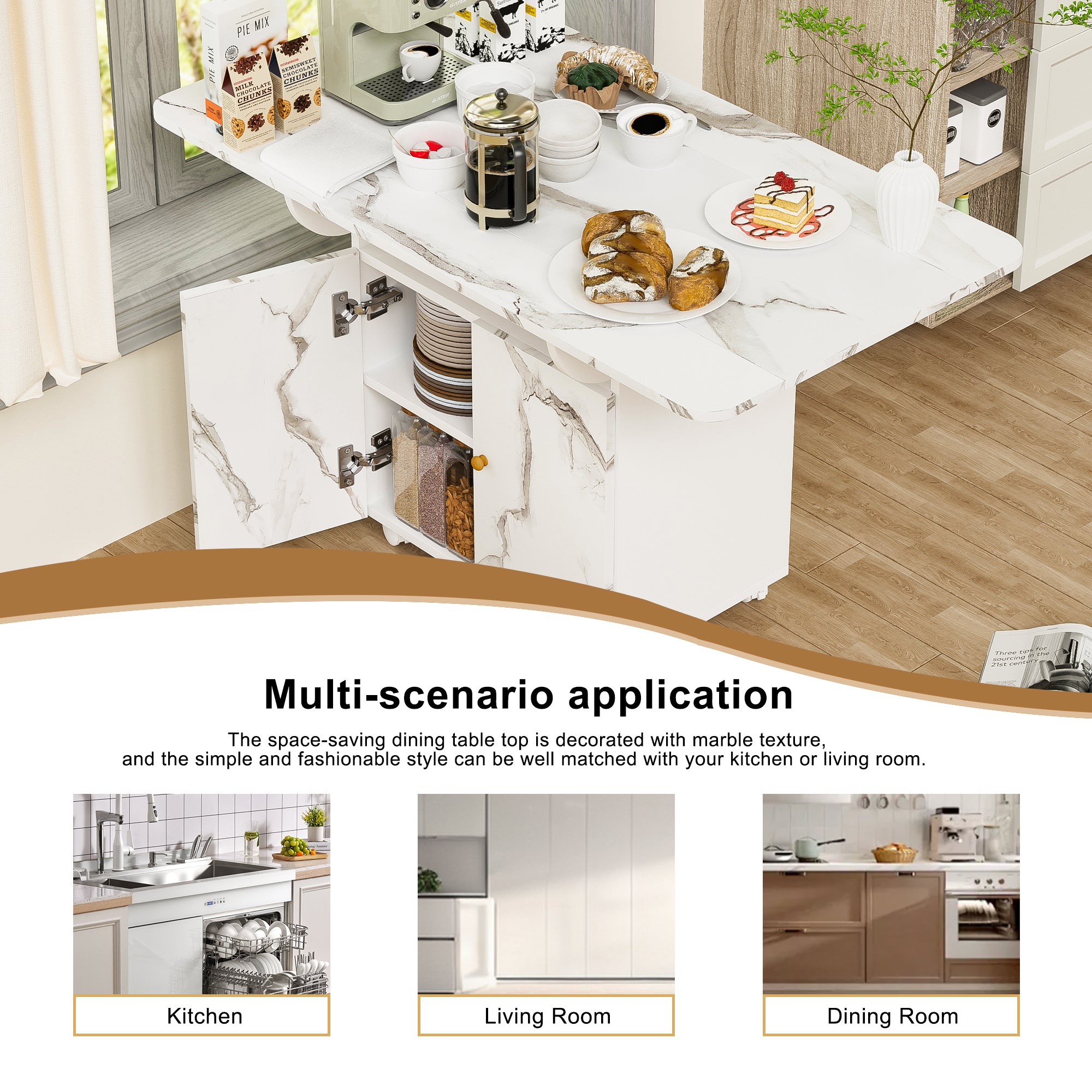PAPROOS Folding Dining Table, 47'' Expandable Dining Table with Storage Racks & Storage Shelves & Wheels, Drop Leaf Kitchen Table with Marble-color, Space Saving Dining Room Table, White