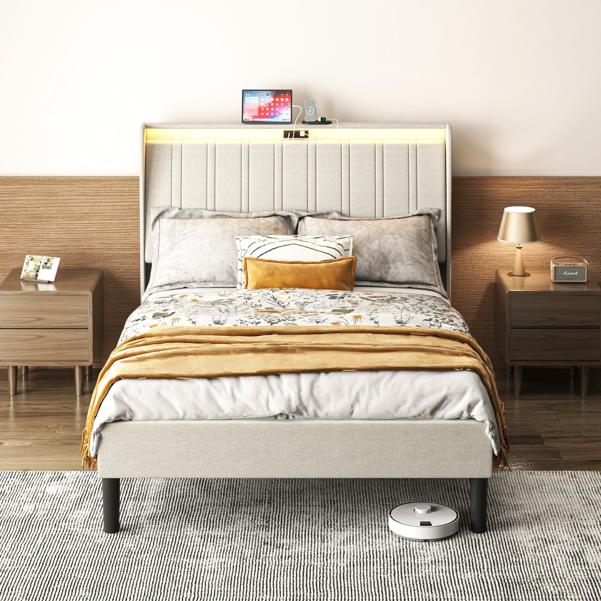PAPROOS Twin Platform Bed Frame, Upholstered Twin Size Bed Fame with Headboard, Charging Station and LED Lights, Modern Velvet Platform Bed with Wood Slats, No Box Spring Needed, Beige