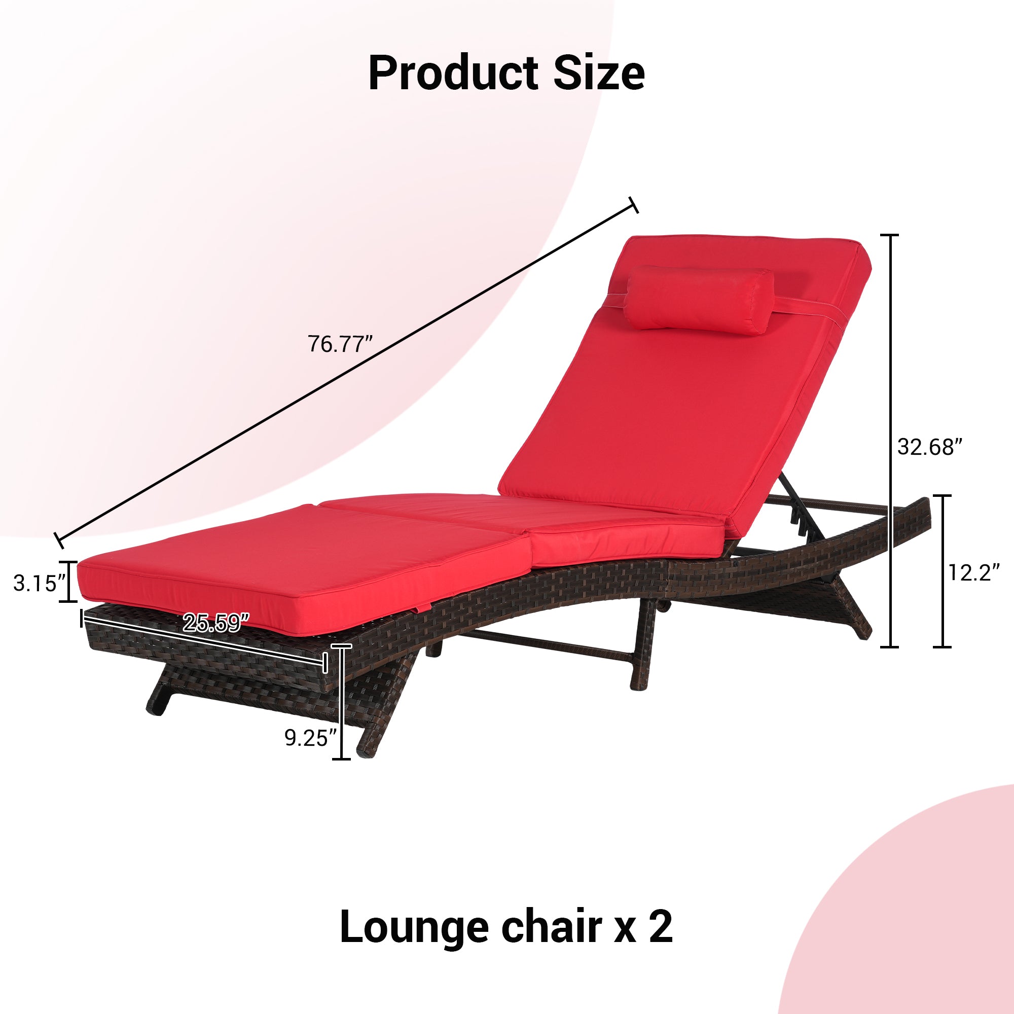 Outdoor Chaise Lounge Chair Set of 2, Wicker Outdoor Lounger Recliner with Cushions and 5-Level Adjustment Backrest, Modern Patio Lounge Chair for Poolside, Garden,