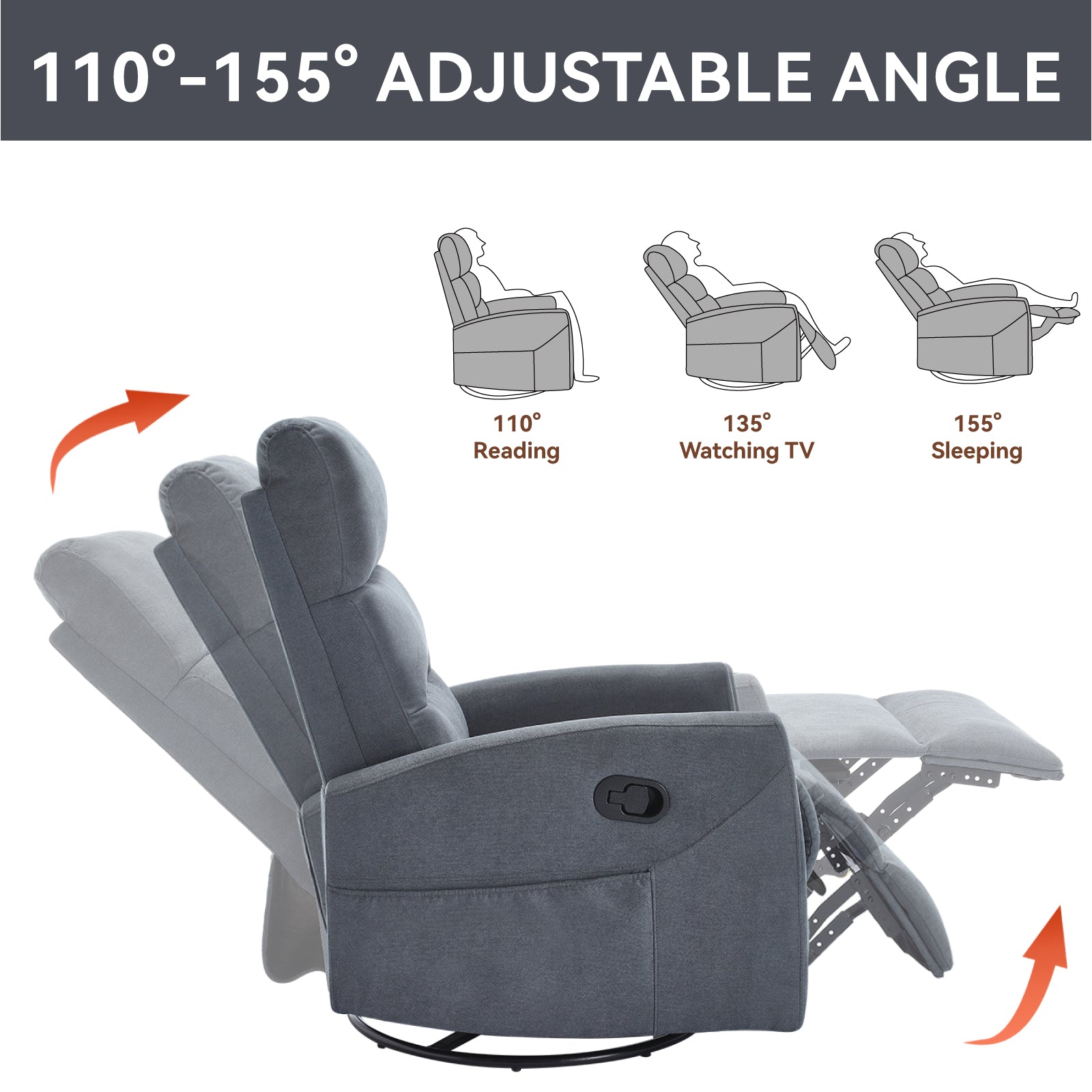 PAPROOS Swivel Rocker Recliner, Fabric 360° Swivel Rocking Recliner with 2 Side Pockets, Glider Rocking Chair for Baby Nursery, Manual Recliner for Adults for Home Theater Living Room