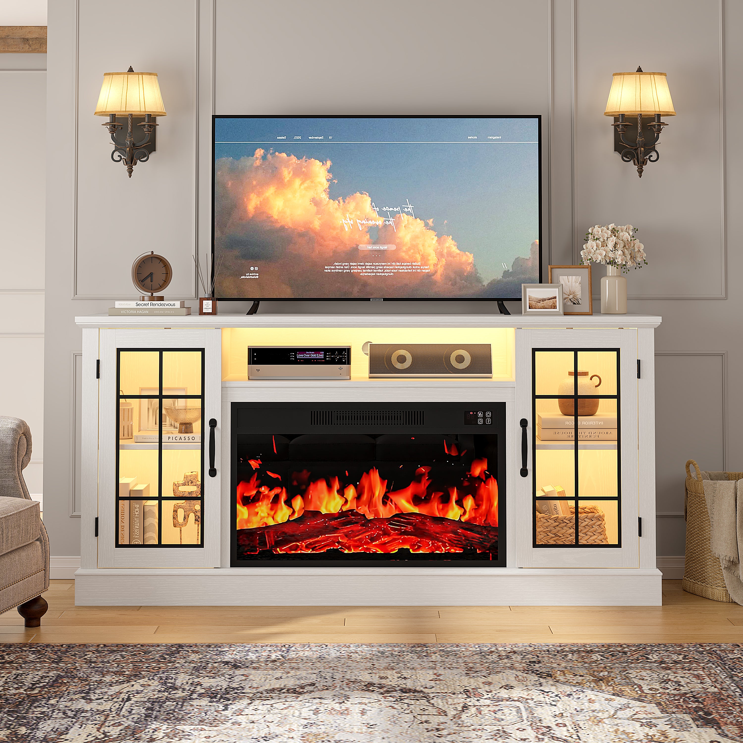 PAPROOS 63" Fireplace TV Stand Black/White