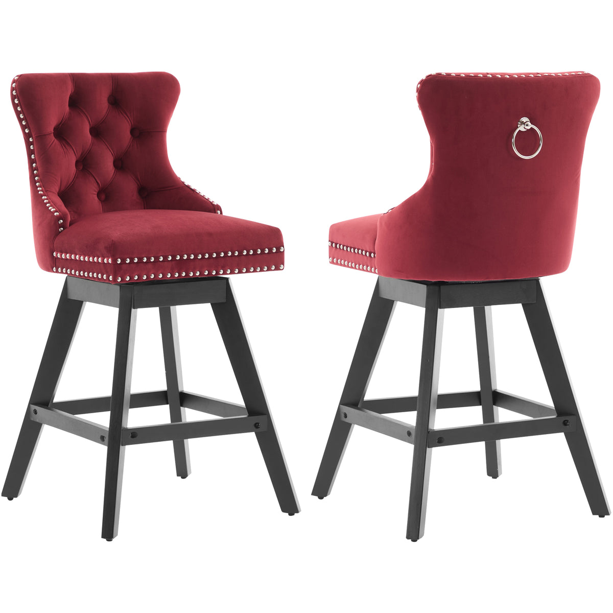Swivel Bar Stools Set of 2, Velvet Counter Height Bar Stools with Back, Swivel Dining Chair with Button Tufted and Wooden Legs, Kitchen Chair Counter Stools for Kitchen Island