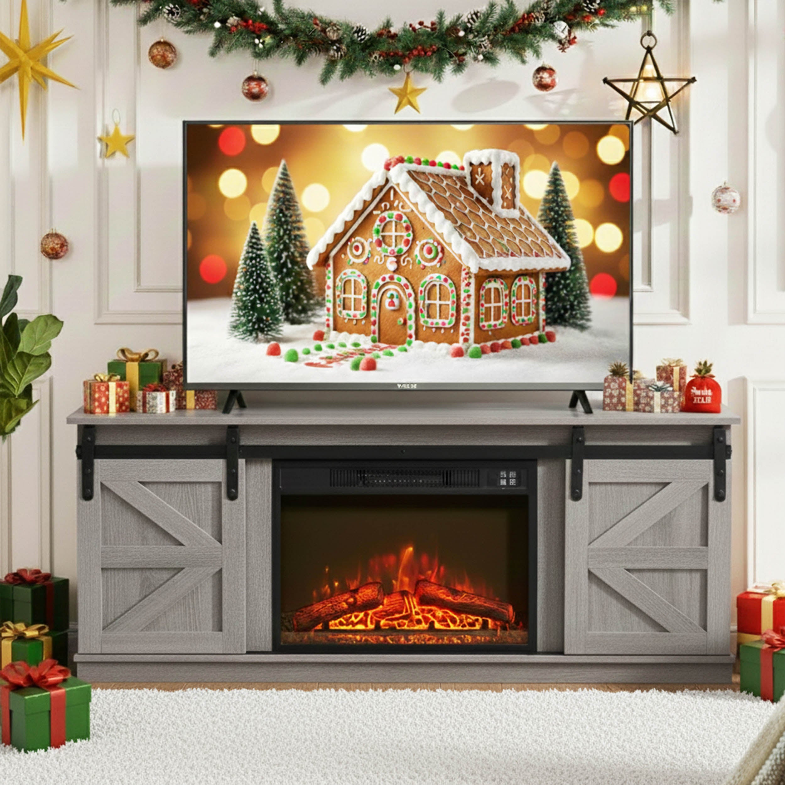 PAPROOS Fireplace TV Stand for TVs up to 65", Farmhouse TV Console with 23" Electric Fireplace, Entertainment Center with Sliding Barn Doors & Storage Cabinets & Adjustable Shelves