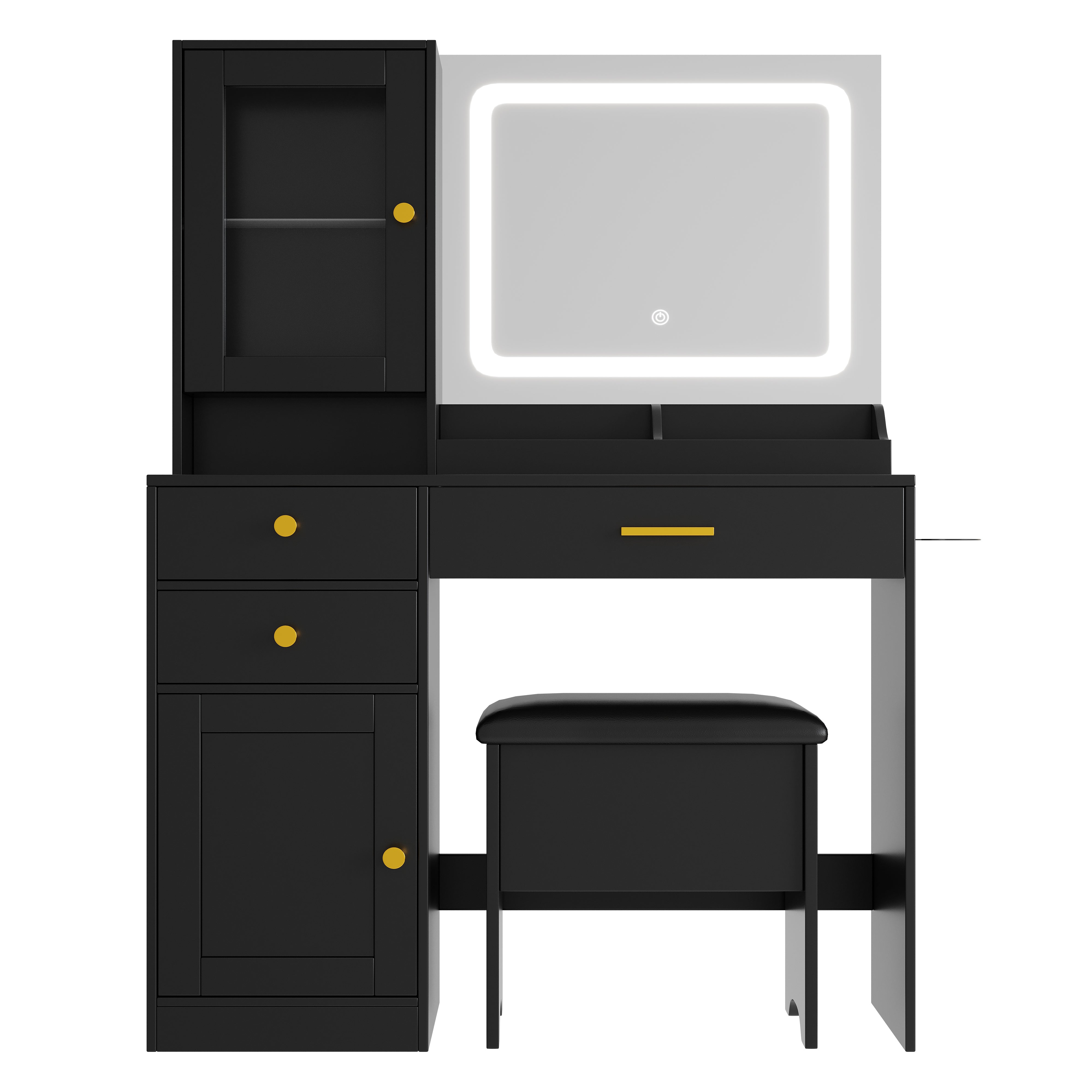 PAPROOS Vanity Set with 3 Color Lighted Mirror, Modern Makeup Vanity Table with Charging Station and Hair Dryer Rack, Bedroom Dressing Table with 3 Drawers, Cabinet, Cushioned Stool for Girls, Black