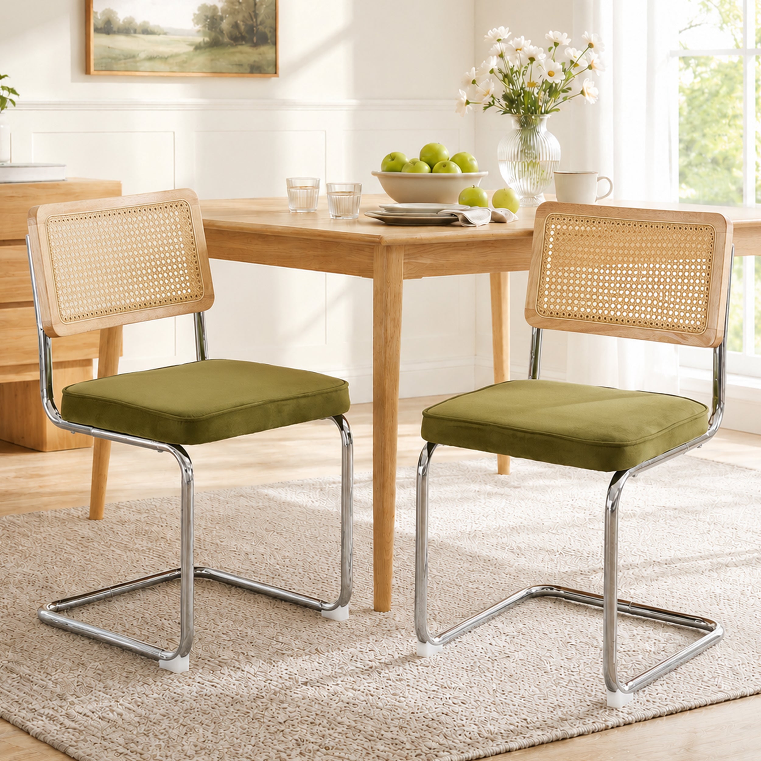 Dining Chairs Set of 2, Paproos Velvet Upholstered Dining Chairs, Mid Century Accent Chair Side Chair with Cane Back and Stainless Steel Chrome Legs, Dining Kitchen Living Room