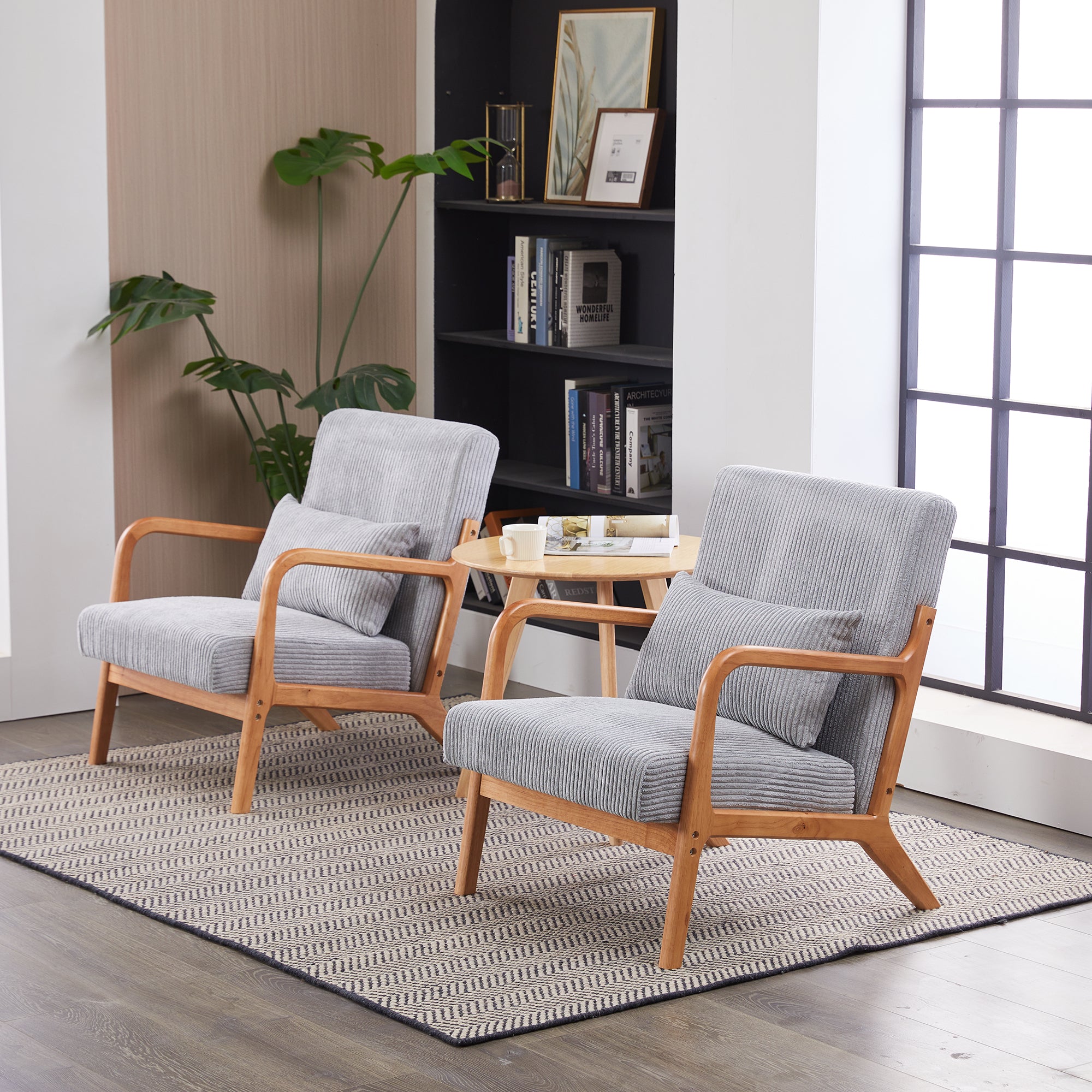 PAPROOS Accent Chair Set of 2, Mid-Century Modern Armchair with Solid Wood Frame and Extra-Thick Backrest, Fabric Upholstered Reading Chair for Living Room Bedroom, Beige